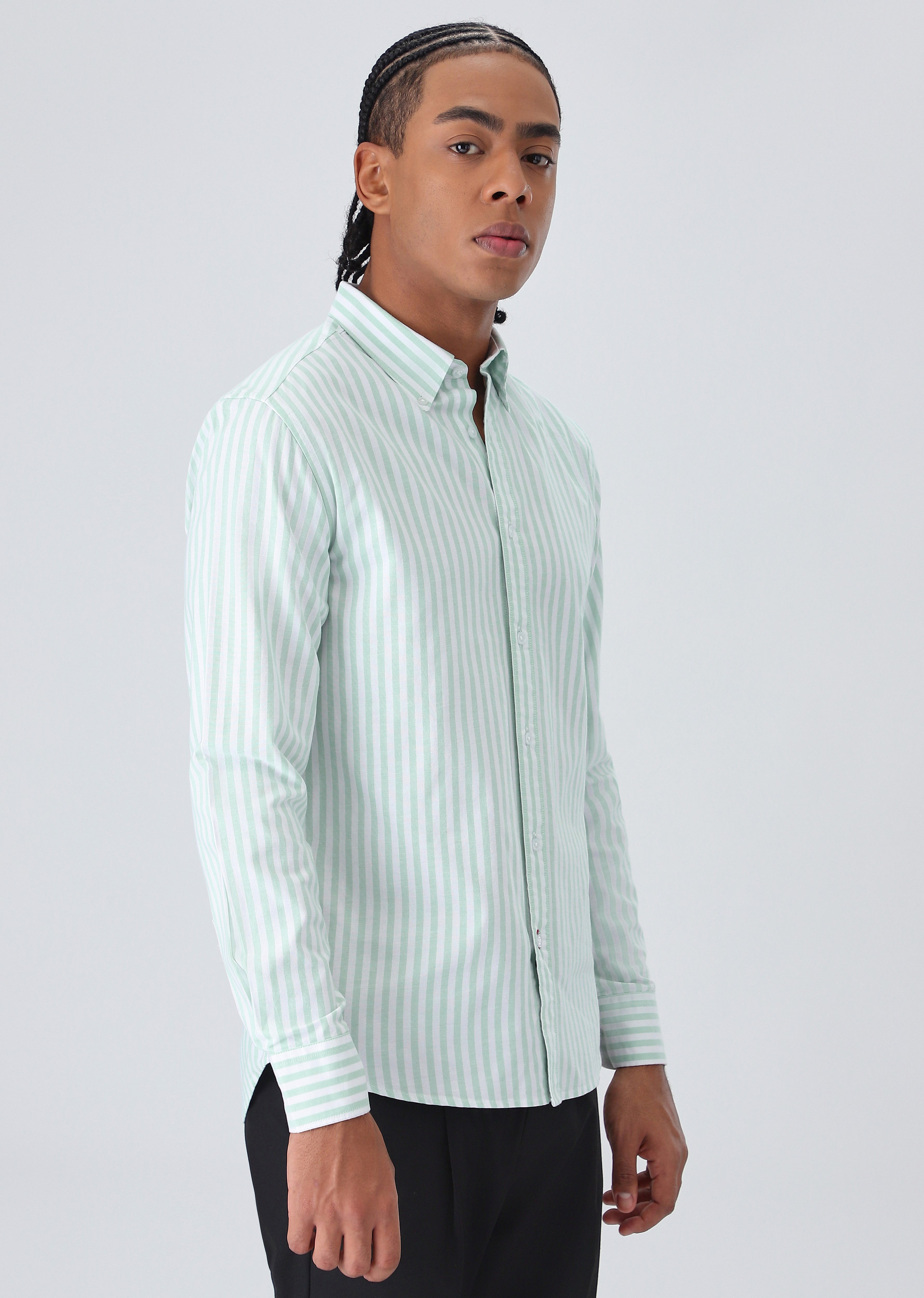 Green Cotton Oxford Stripe Shirt