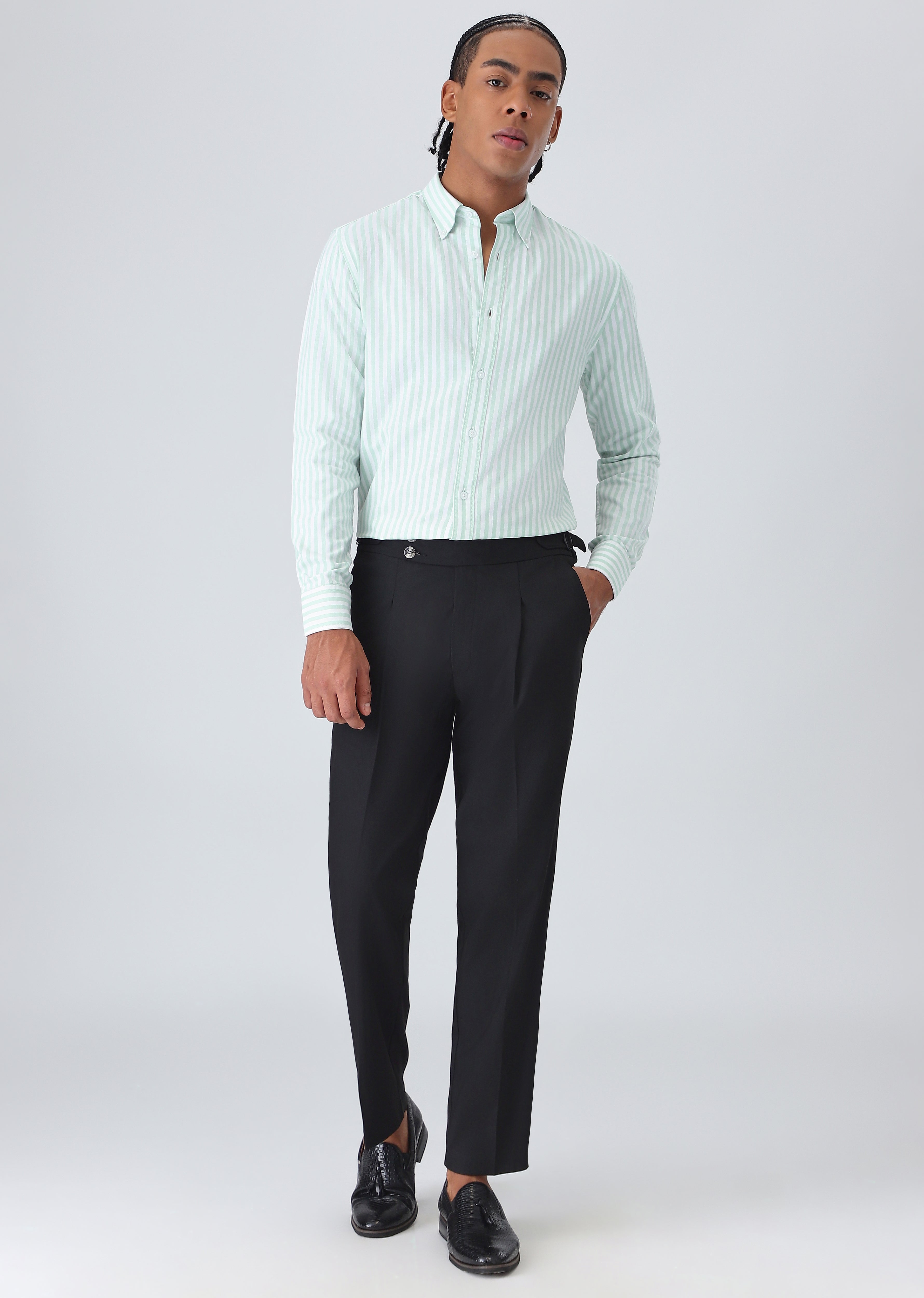 Green Cotton Oxford Stripe Shirt