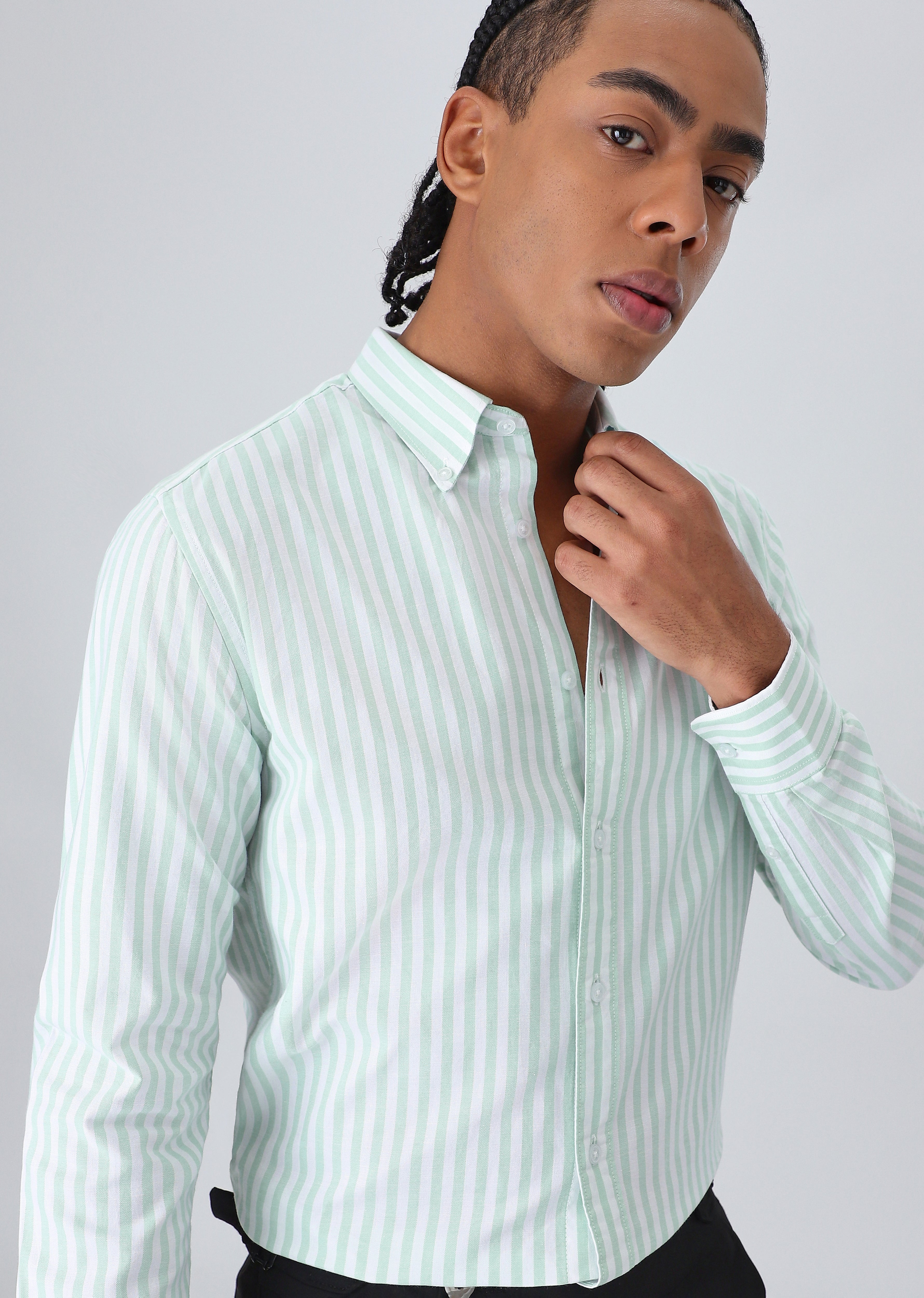 Green Cotton Oxford Stripe Shirt