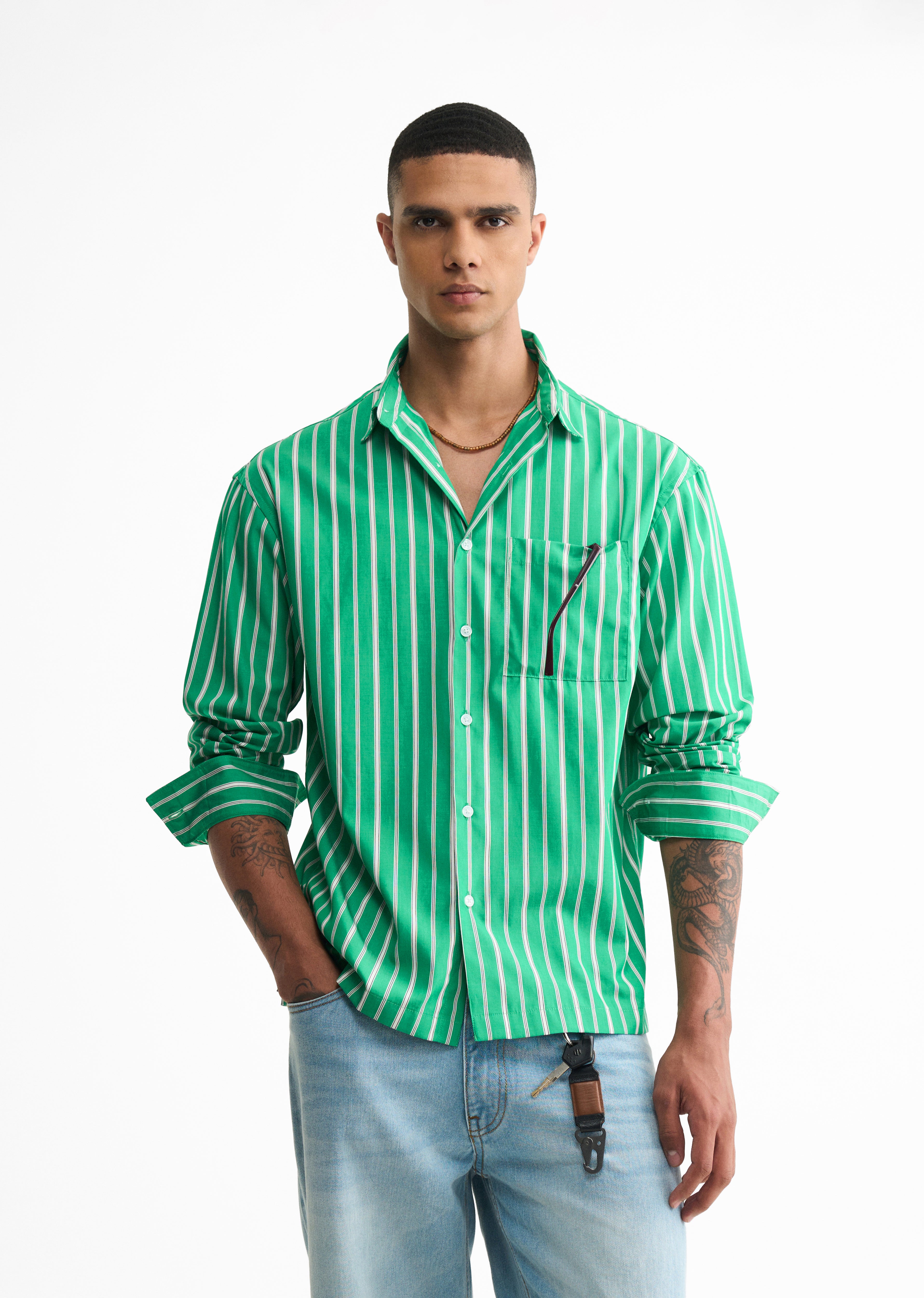 Green Cotton Striped Boxy Shirt