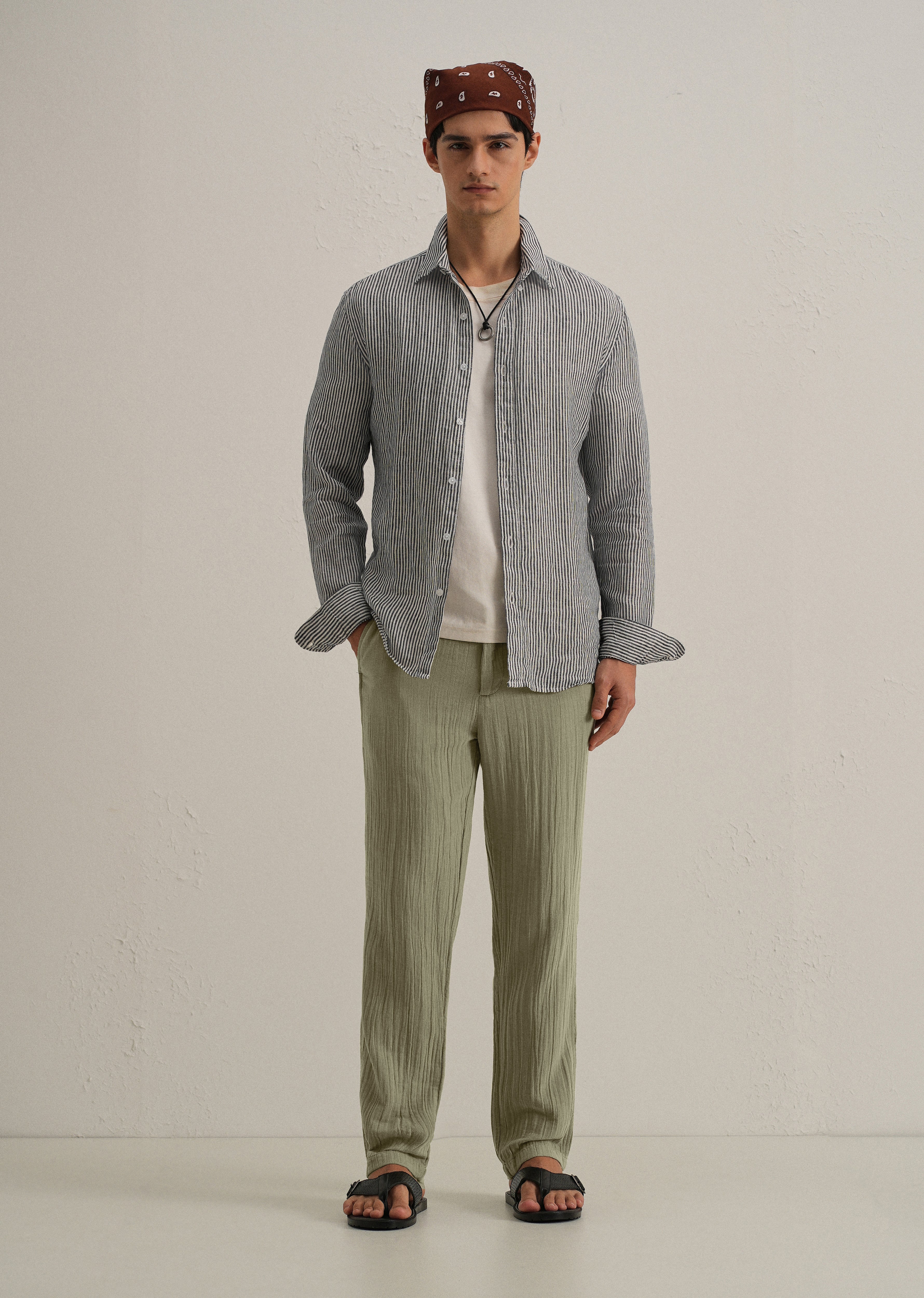 Green Crinkled Cotton Trouser