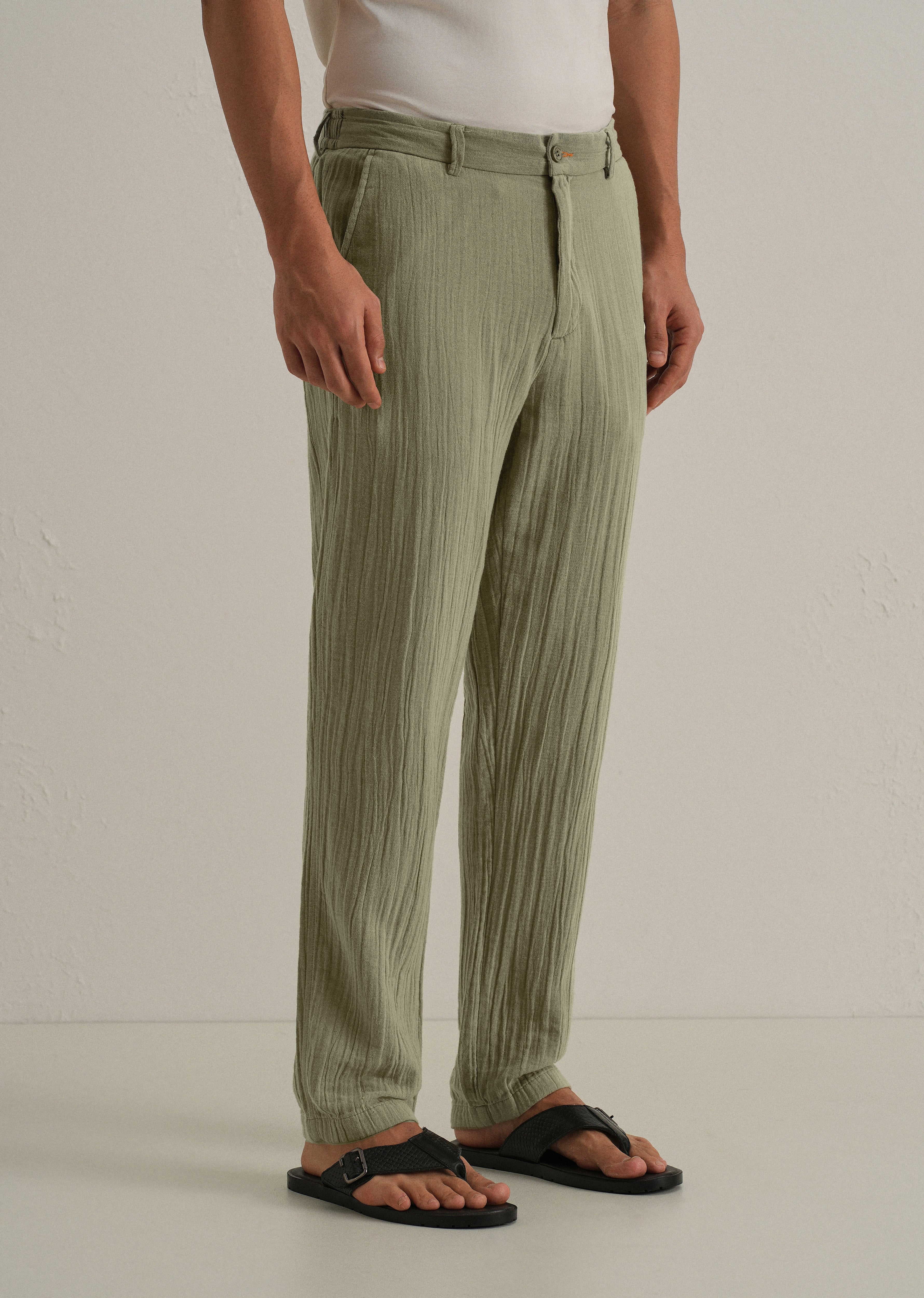 Green Crinkled Cotton Trouser
