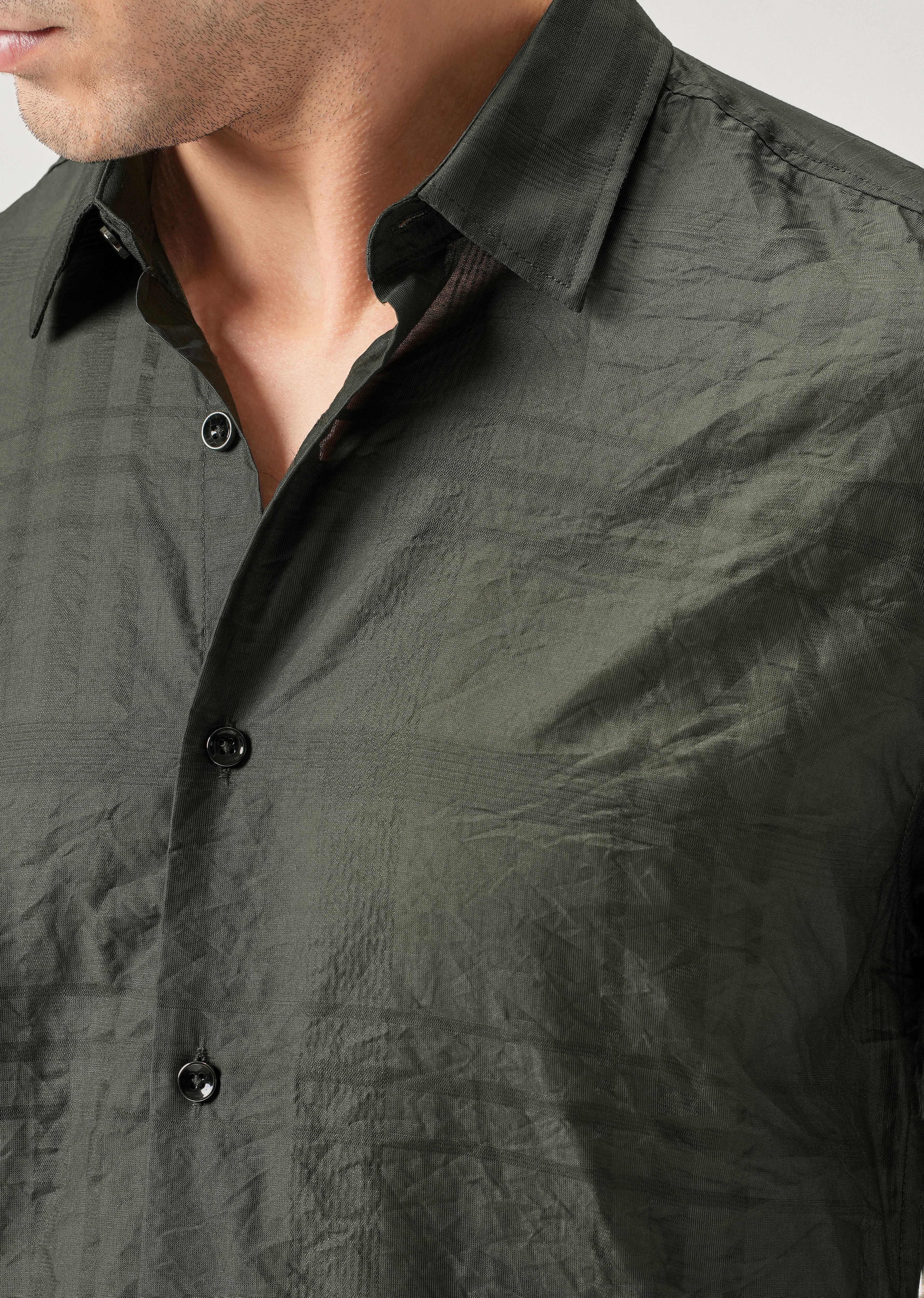 Green Crinkled Self Stripe Shirt