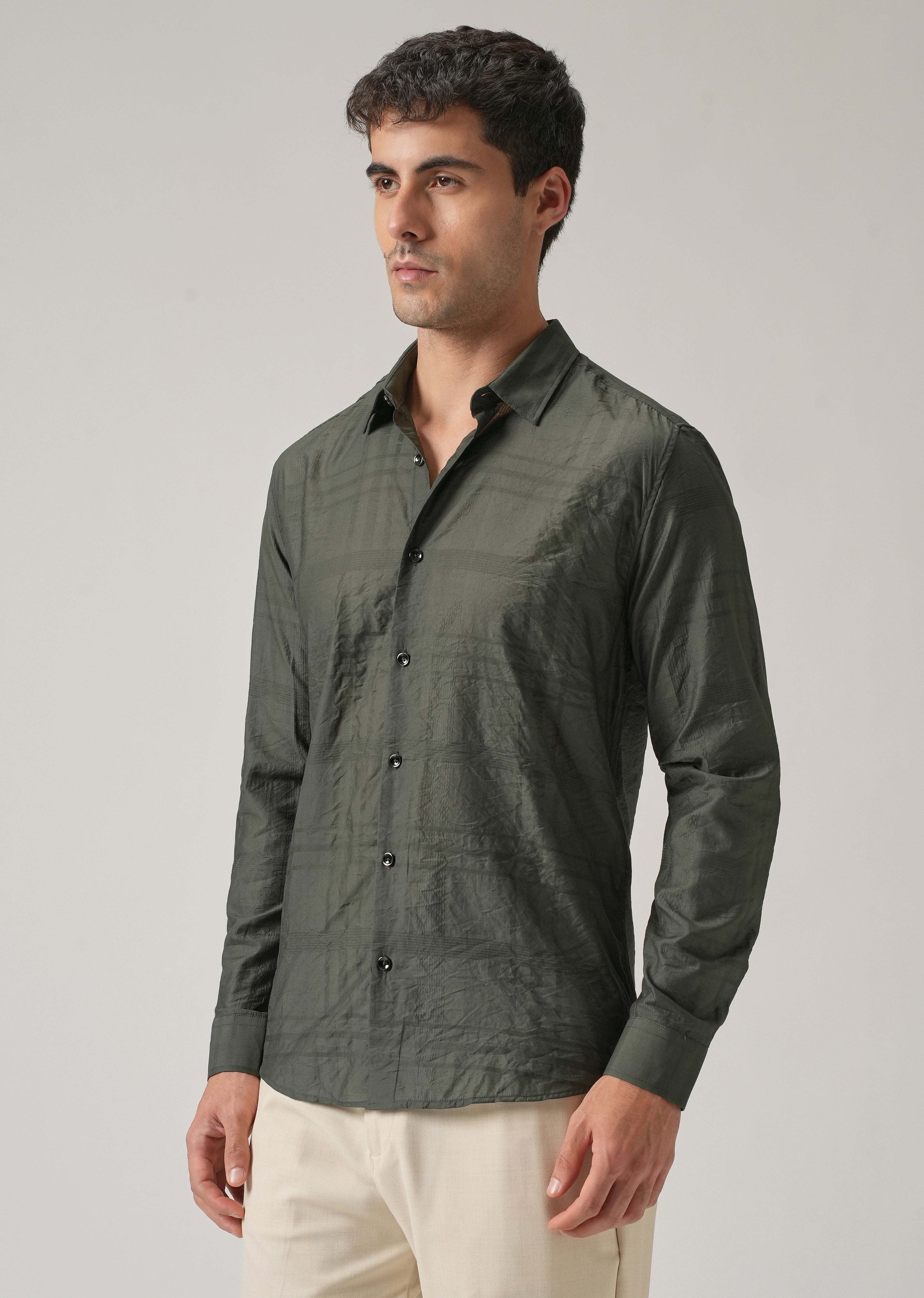 Green Crinkled Self Stripe Shirt