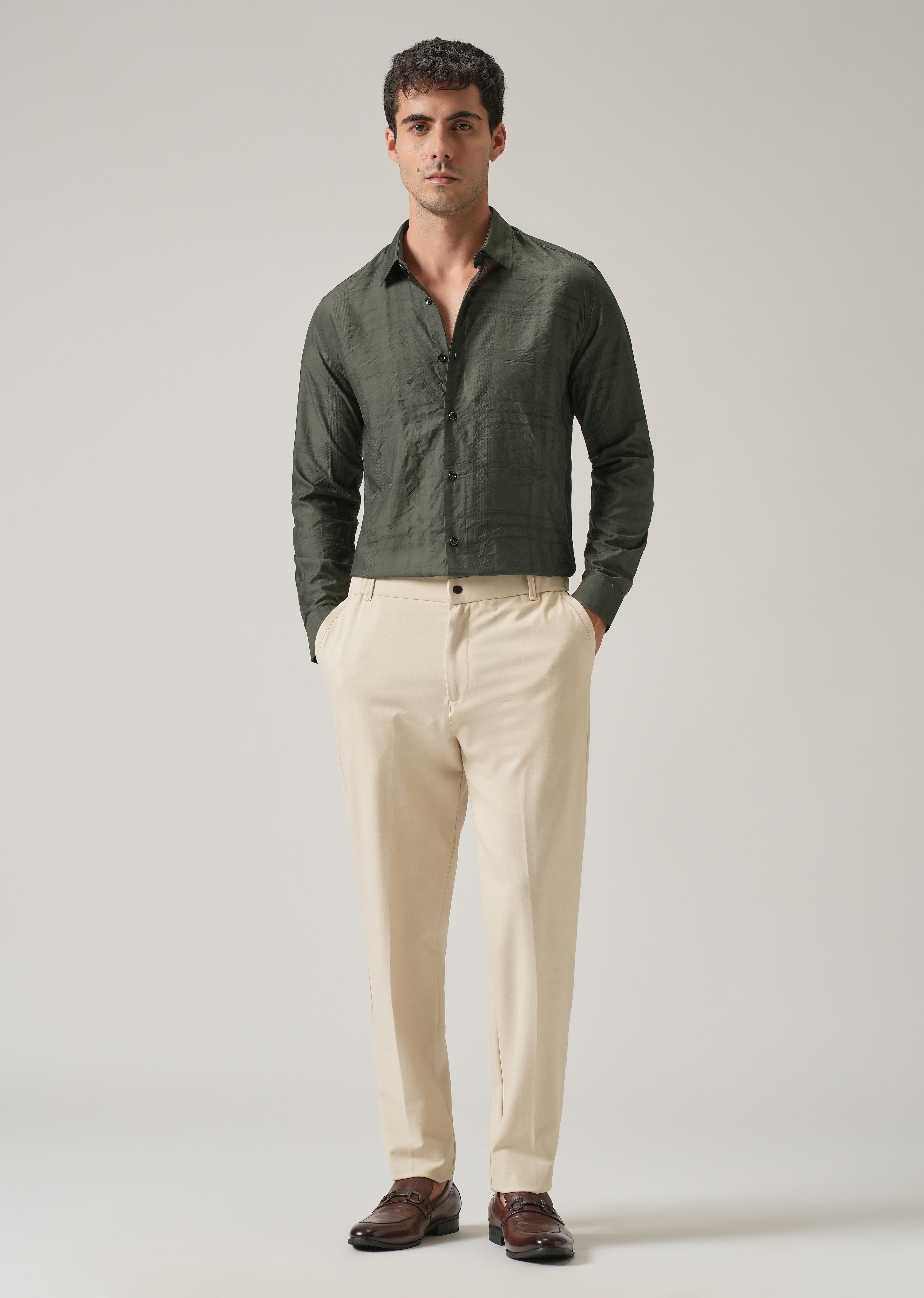 Green Crinkled Self Stripe Shirt