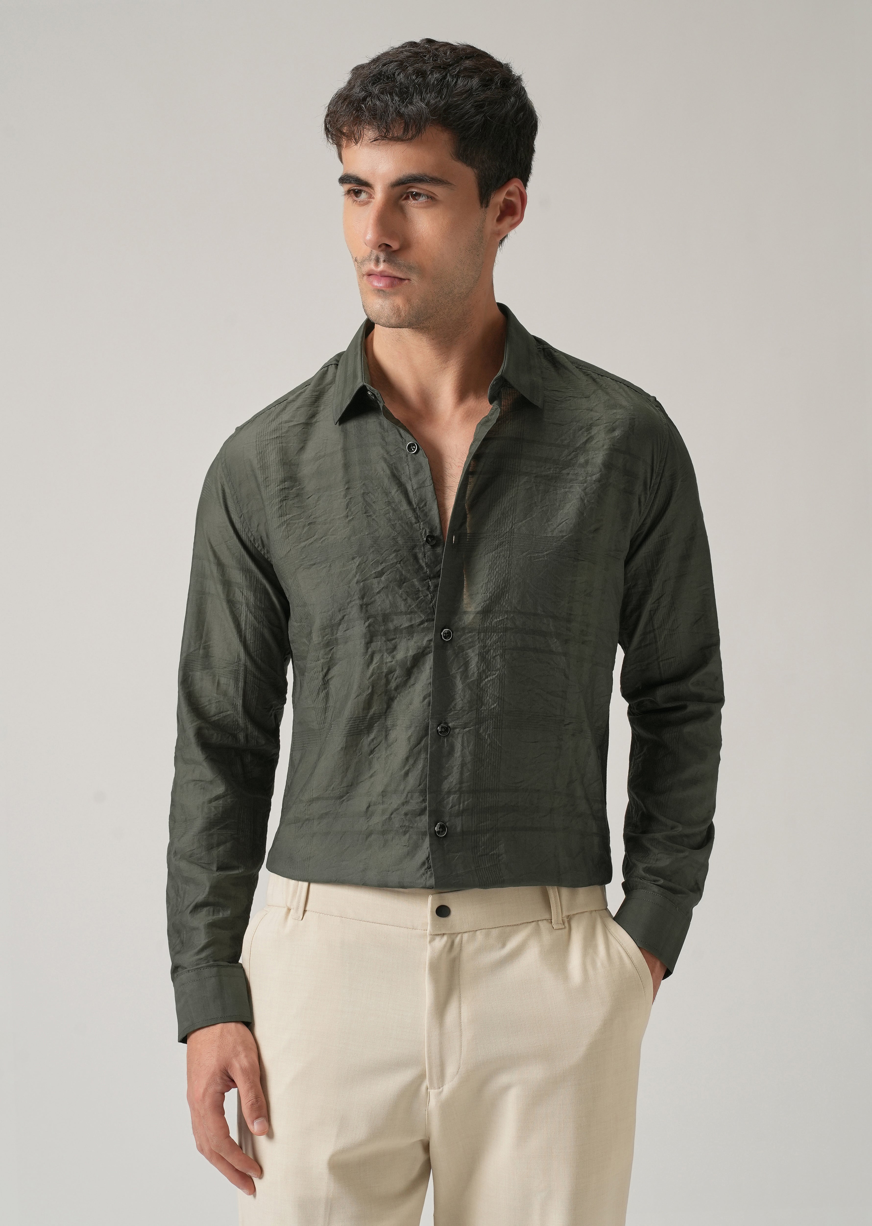 Green Crinkled Self Stripe Shirt