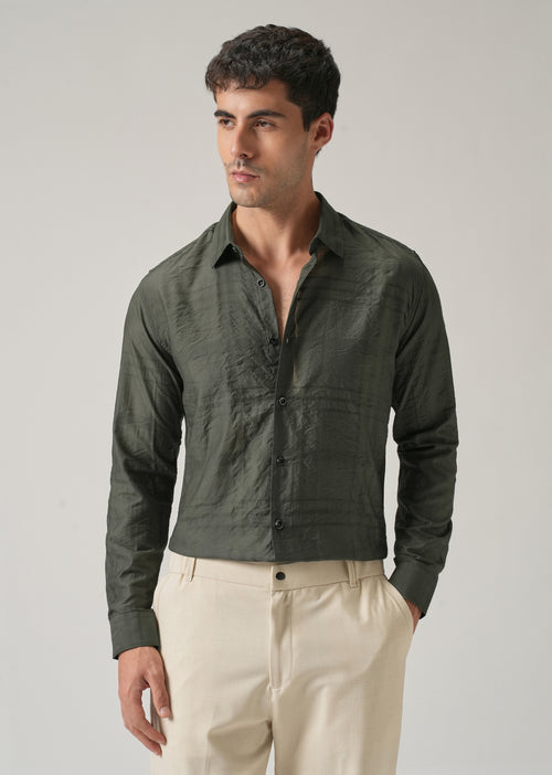 Green Crinkled Self Stripe Shirt