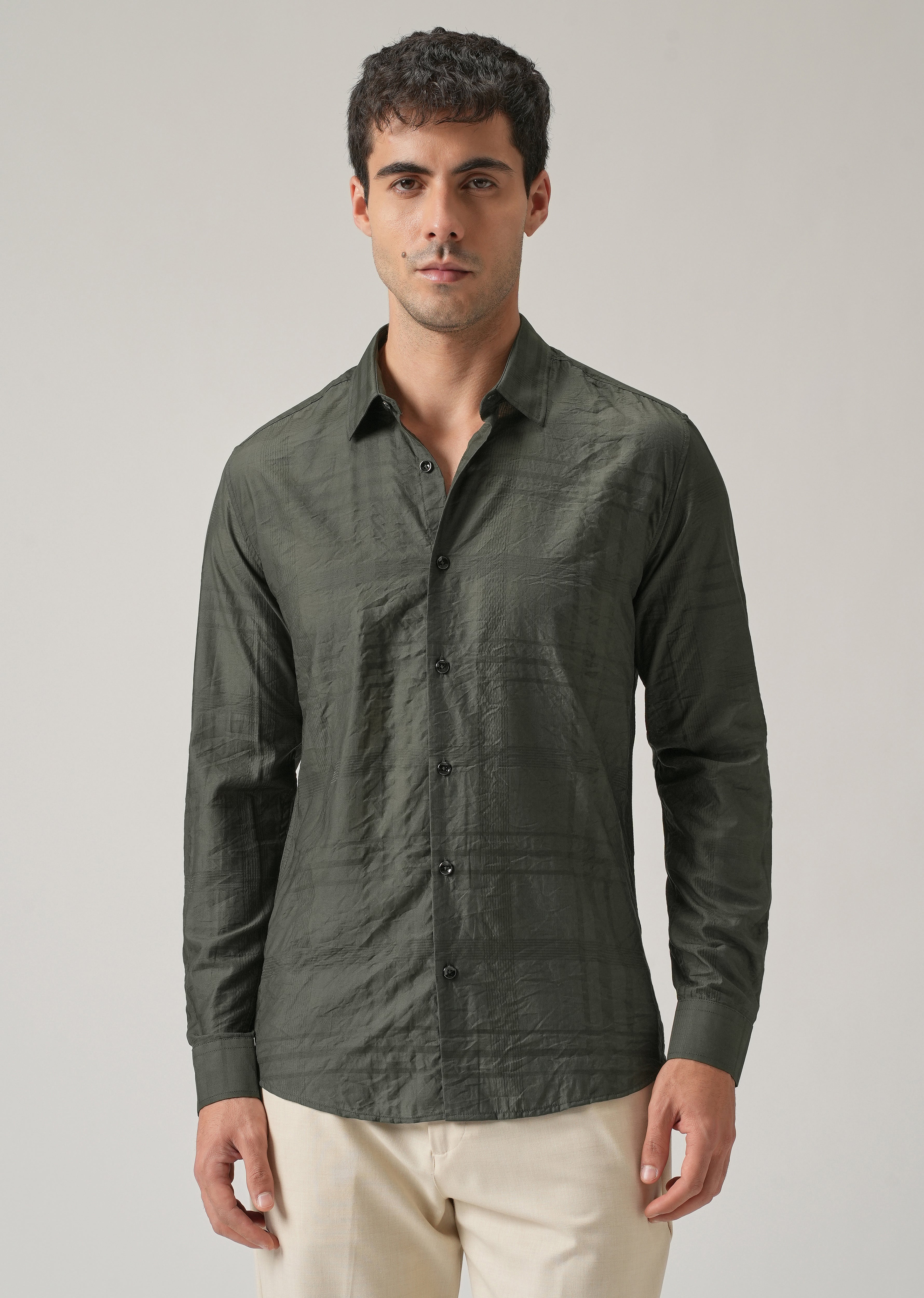 Green Crinkled Self Stripe Shirt