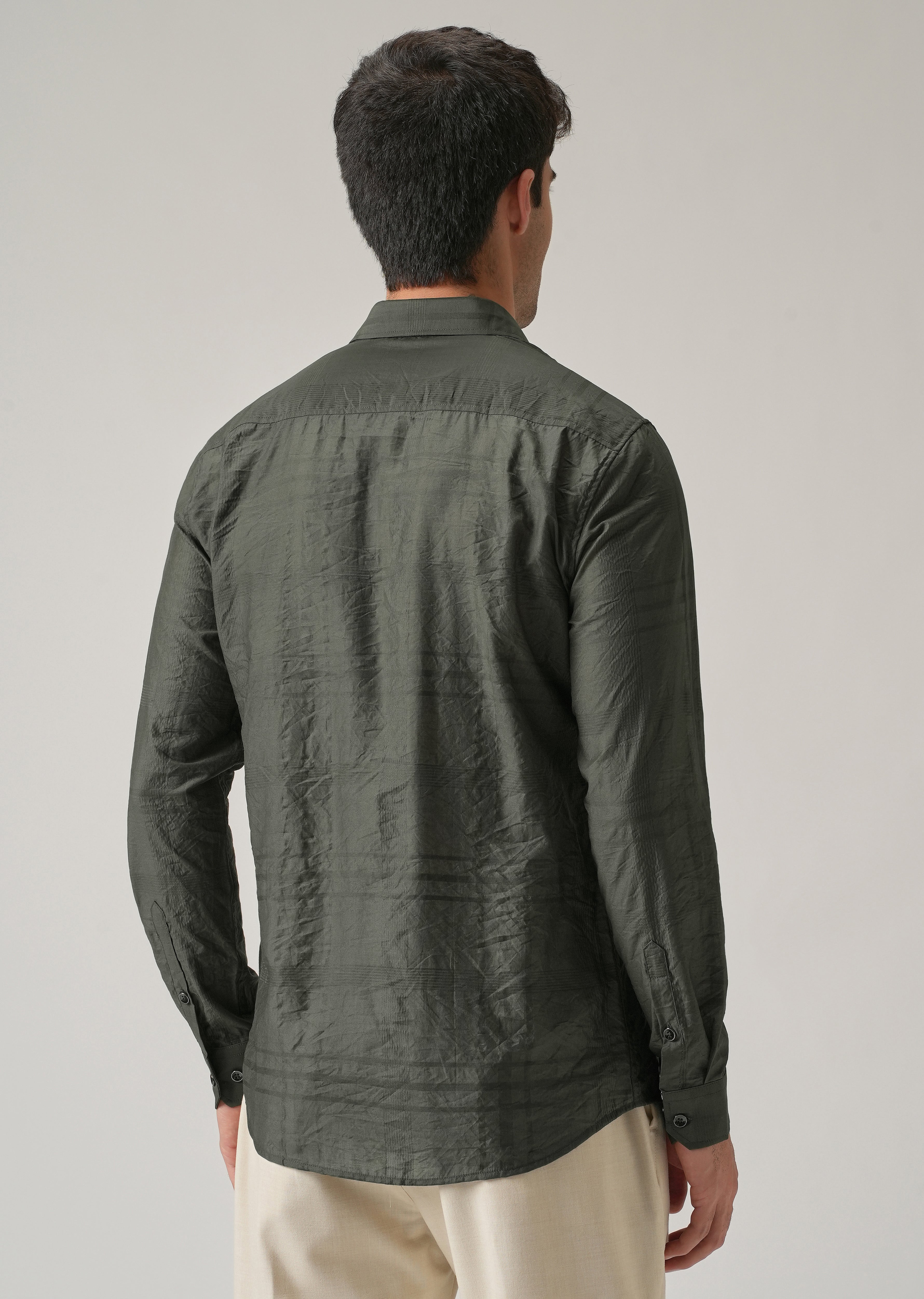 Green Crinkled Self Stripe Shirt
