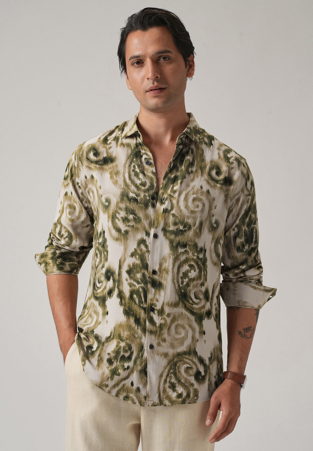 Green Distort Paisley Print Feather Shirt
