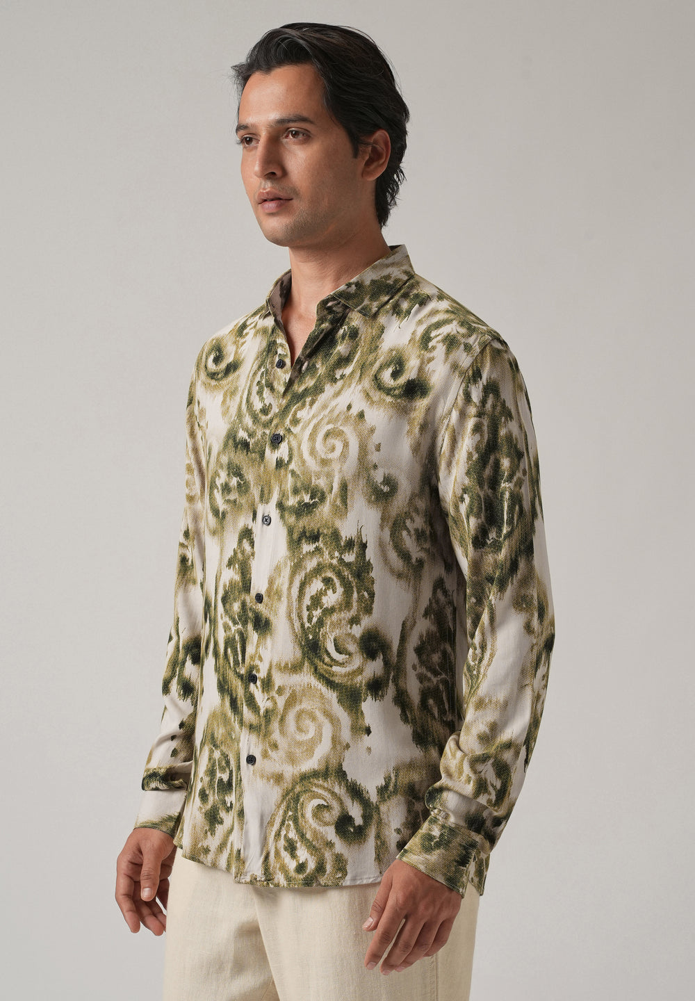 Green Distort Paisley Print Feather Shirt