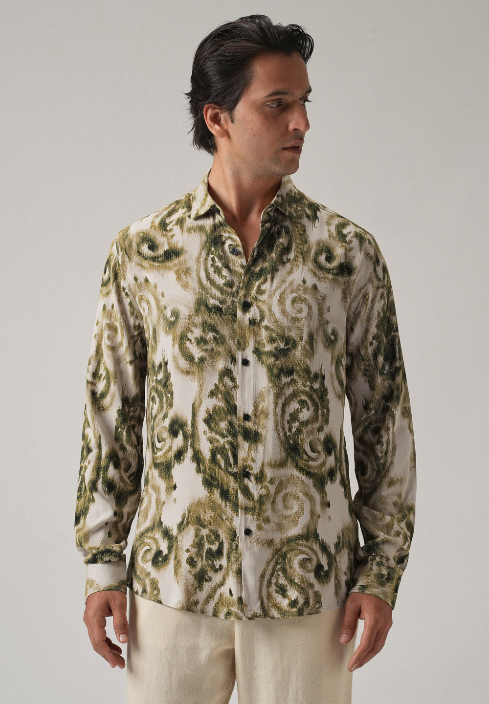 Green Distort Paisley Print Feather Shirt
