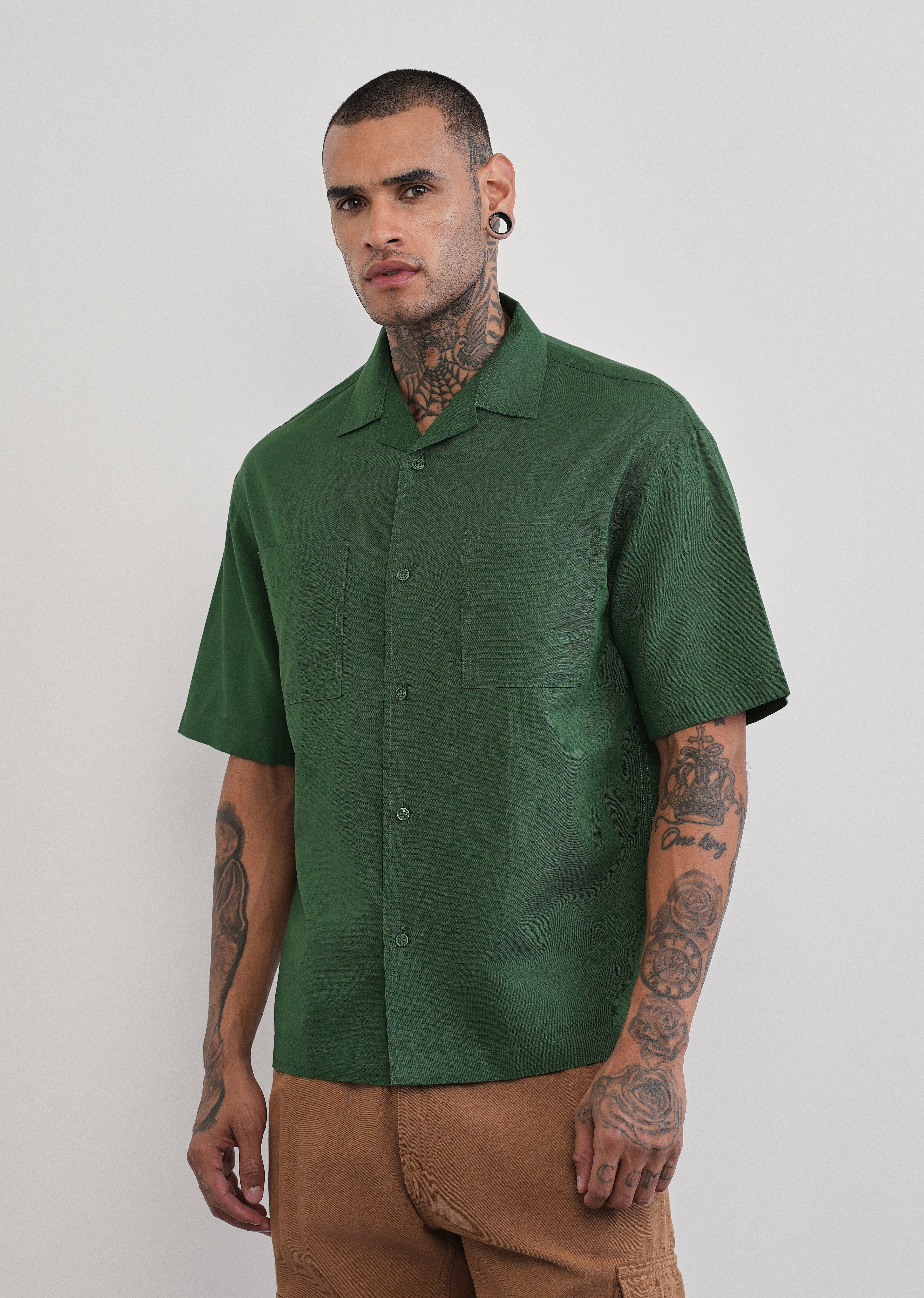 Green Double Pocket Cotton Linen Shirt
