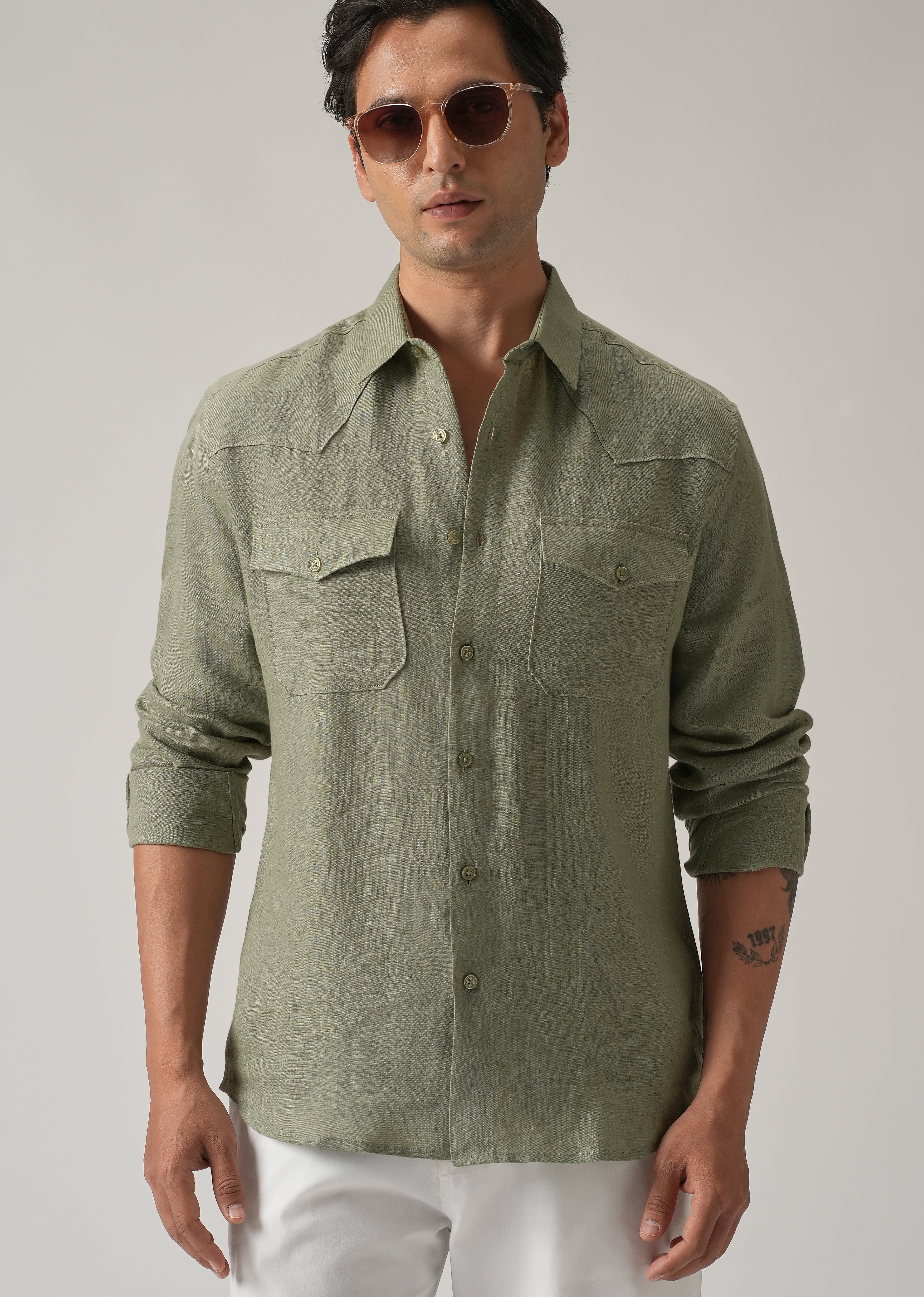 Green Double Pocket 100% Pure Irish Linen Shirt