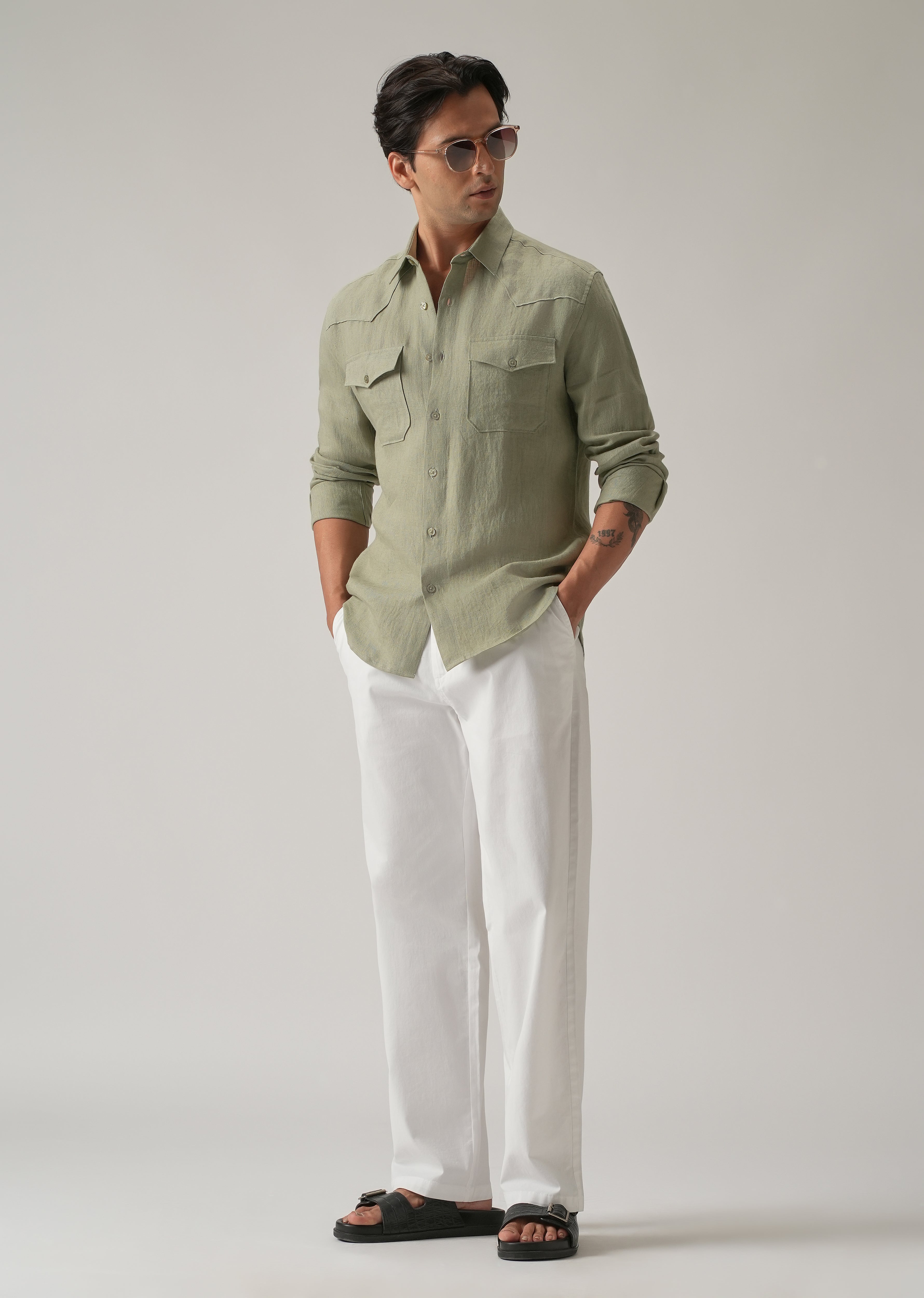 Green Double Pocket 100% Pure Irish Linen Shirt