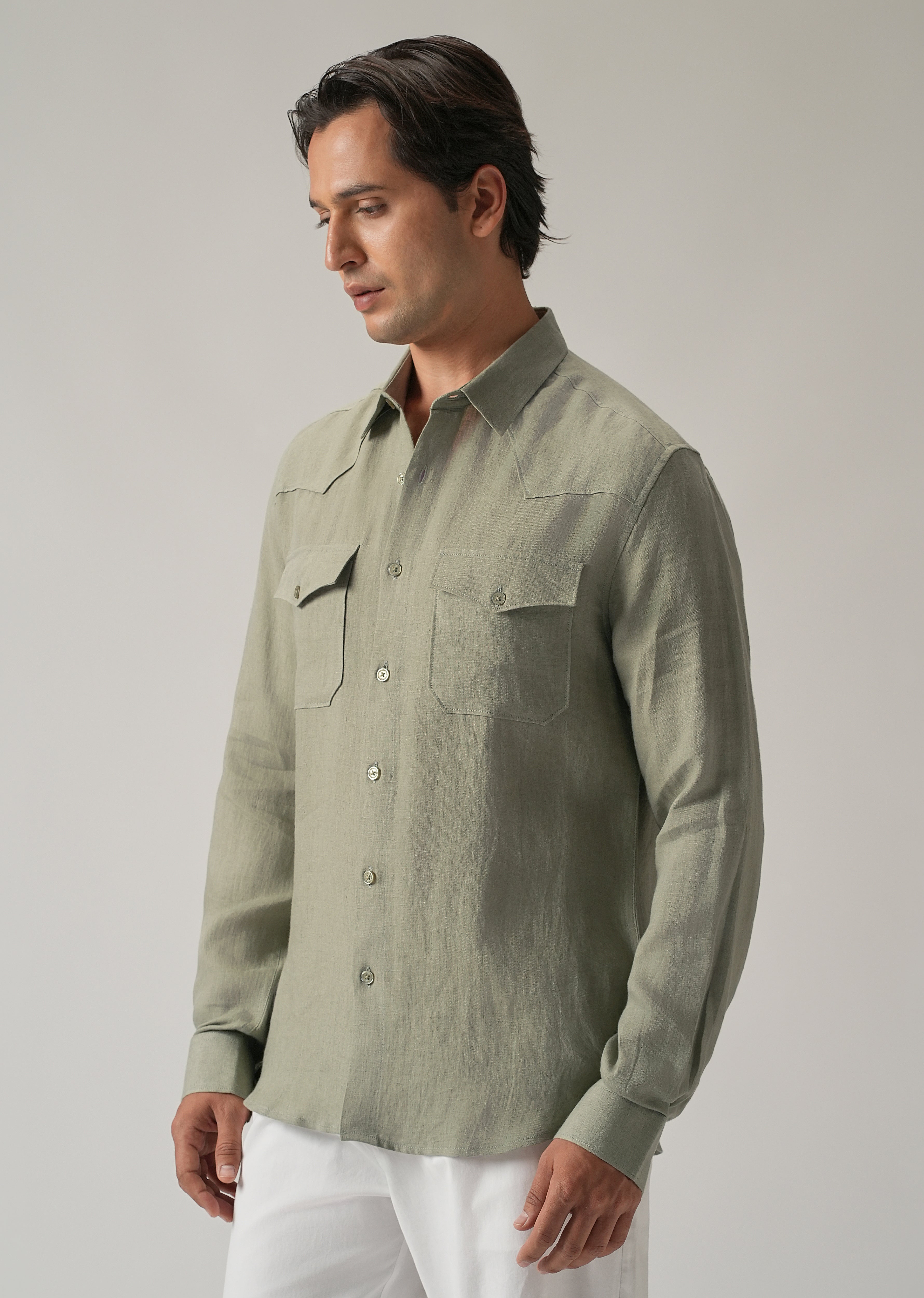 Green Double Pocket 100% Pure Irish Linen Shirt