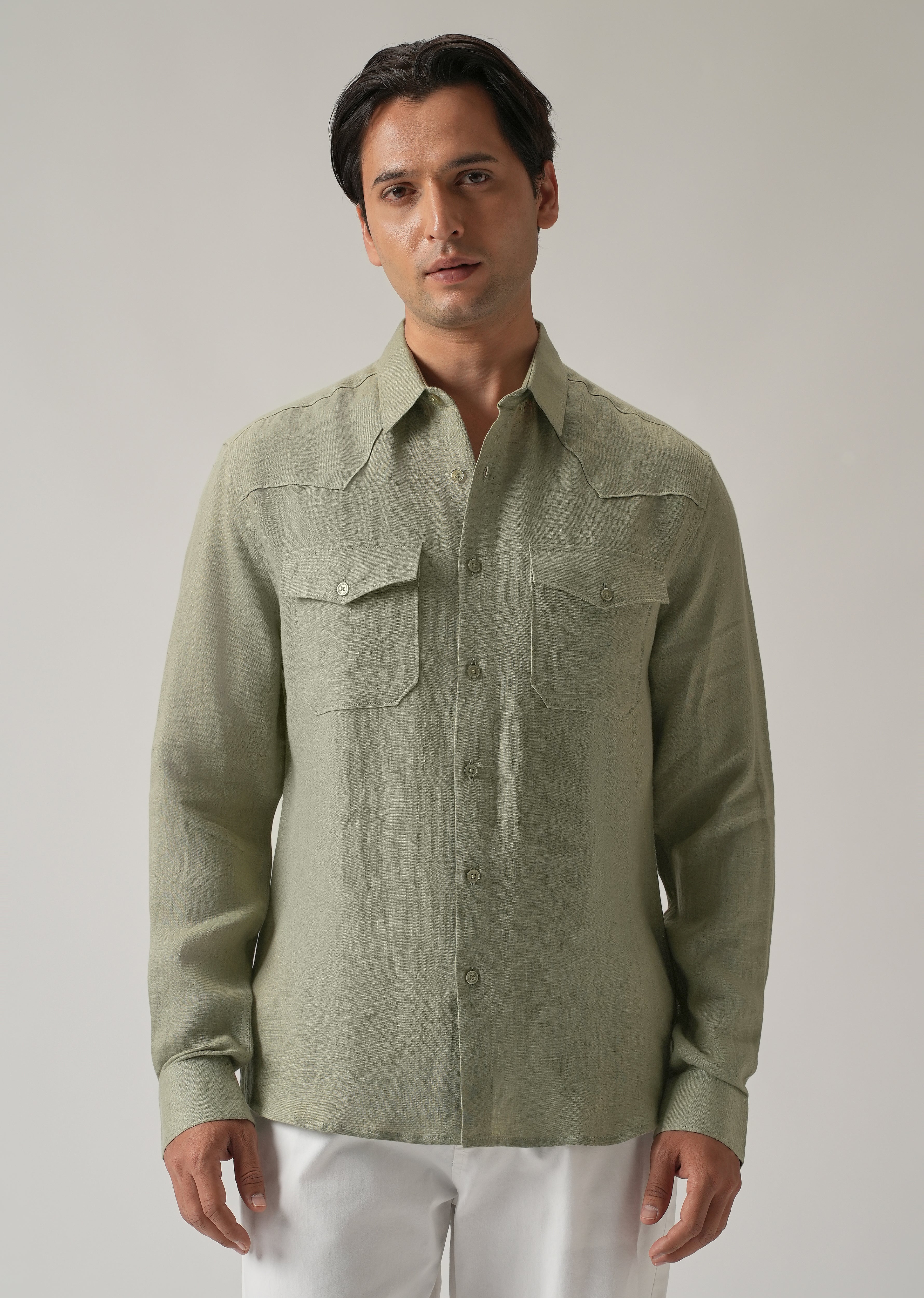 Green Double Pocket 100% Pure Irish Linen Shirt