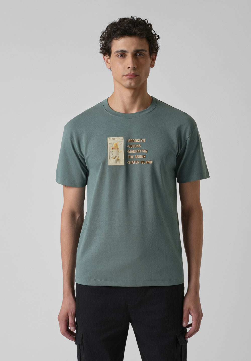 Green Embossed Printed Slim Fit T-shirt