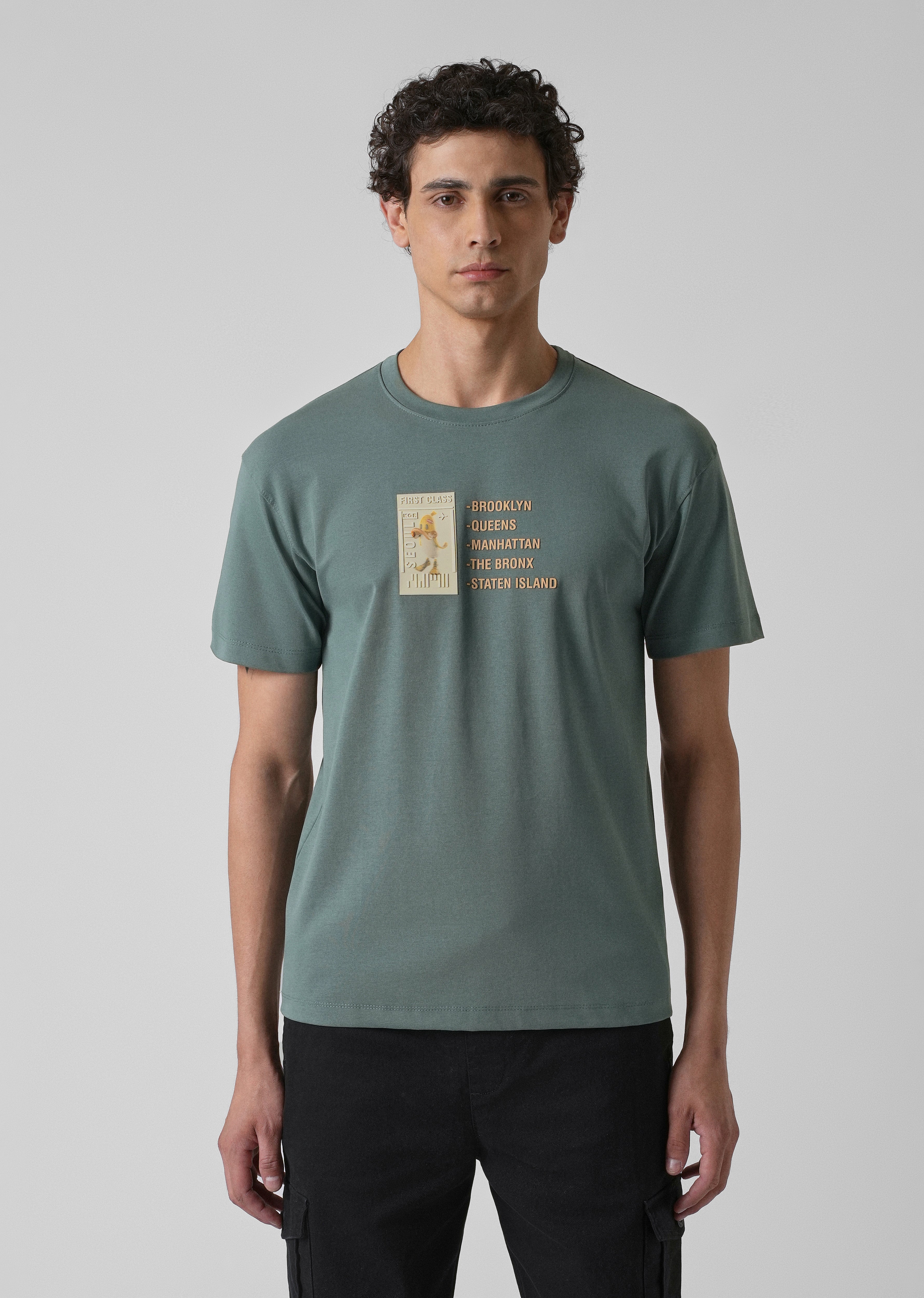 Green Embossed Printed Slim Fit T-shirt