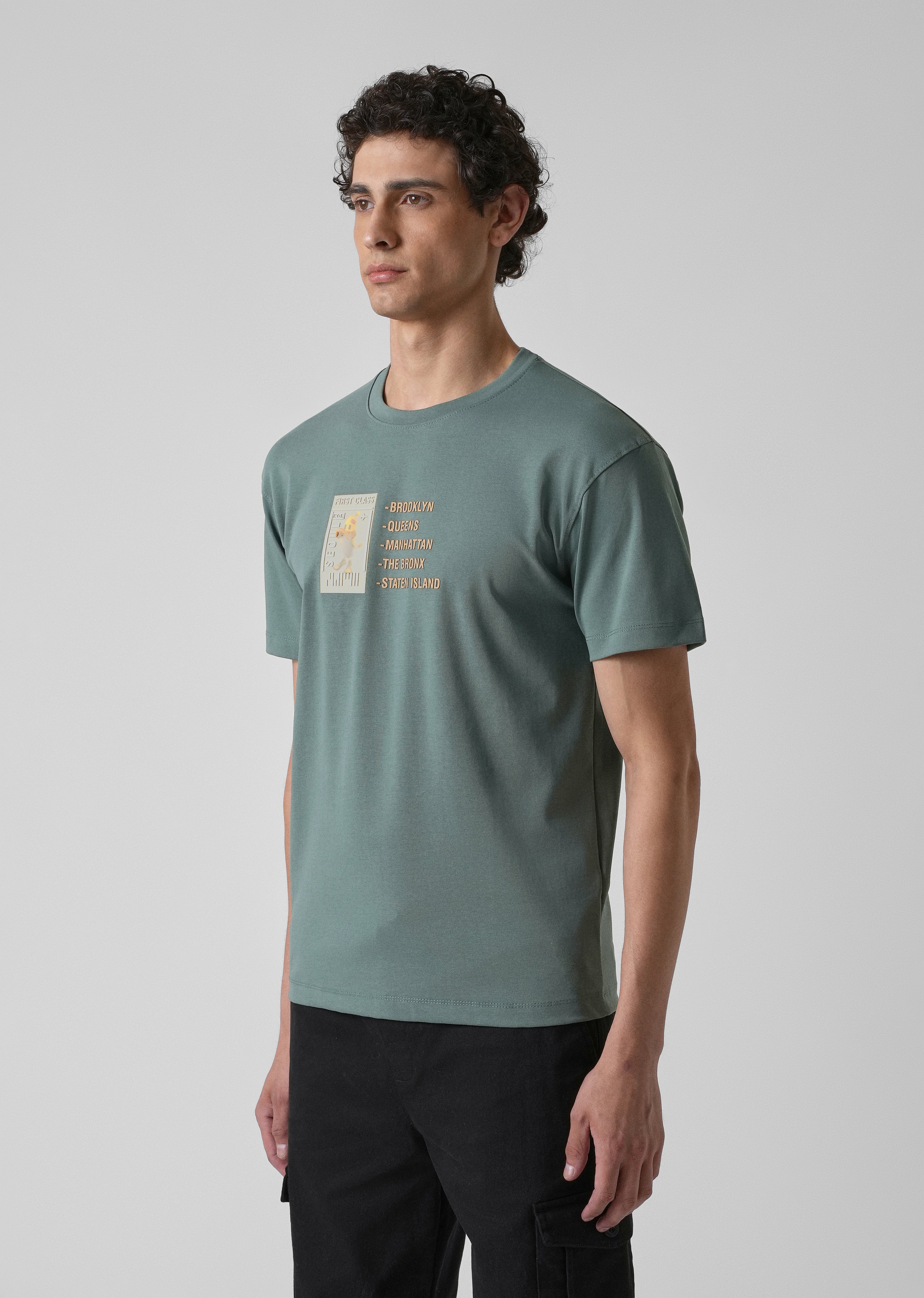 Green Embossed Printed Slim Fit T-shirt