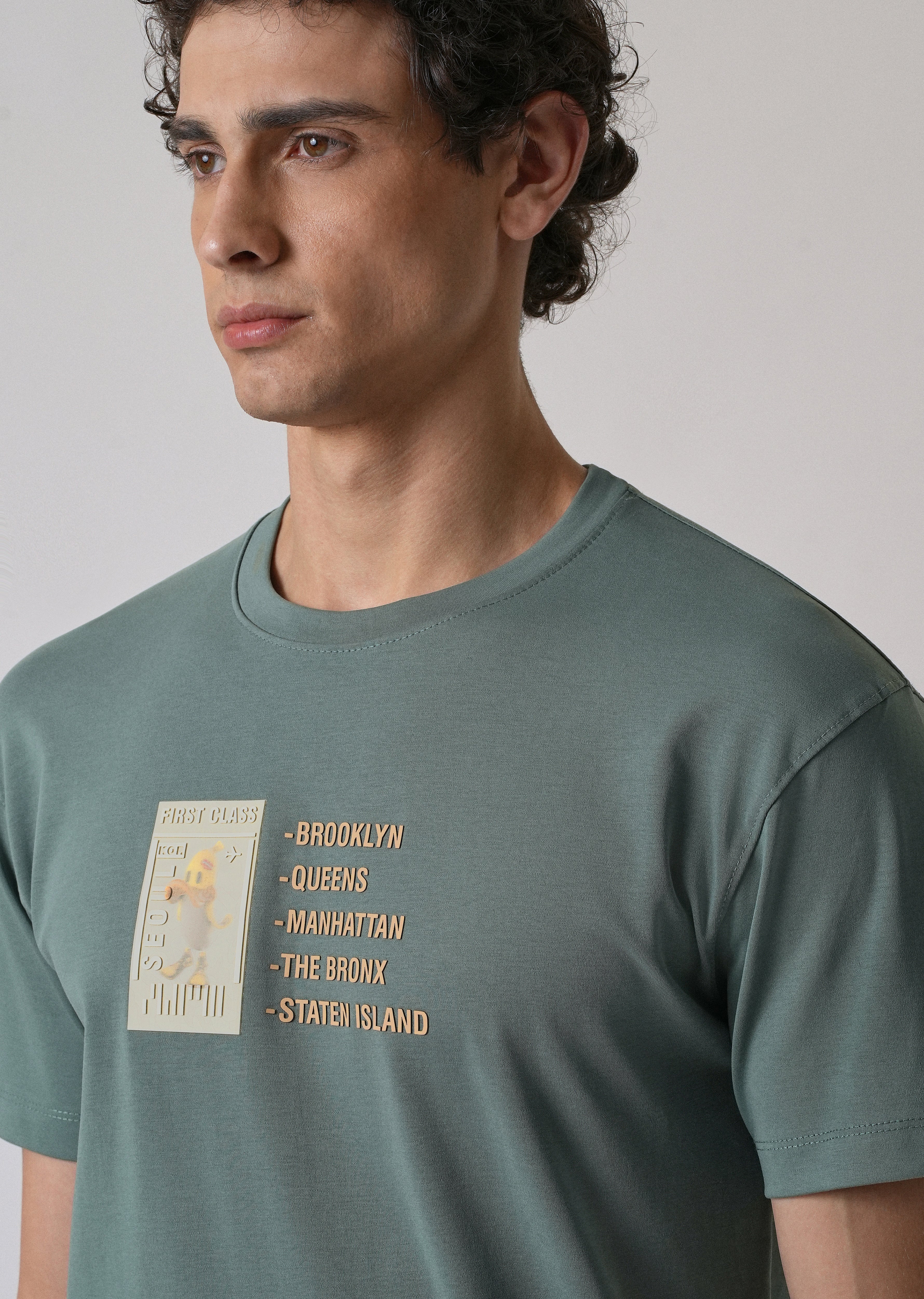 Green Embossed Printed Slim Fit T-shirt
