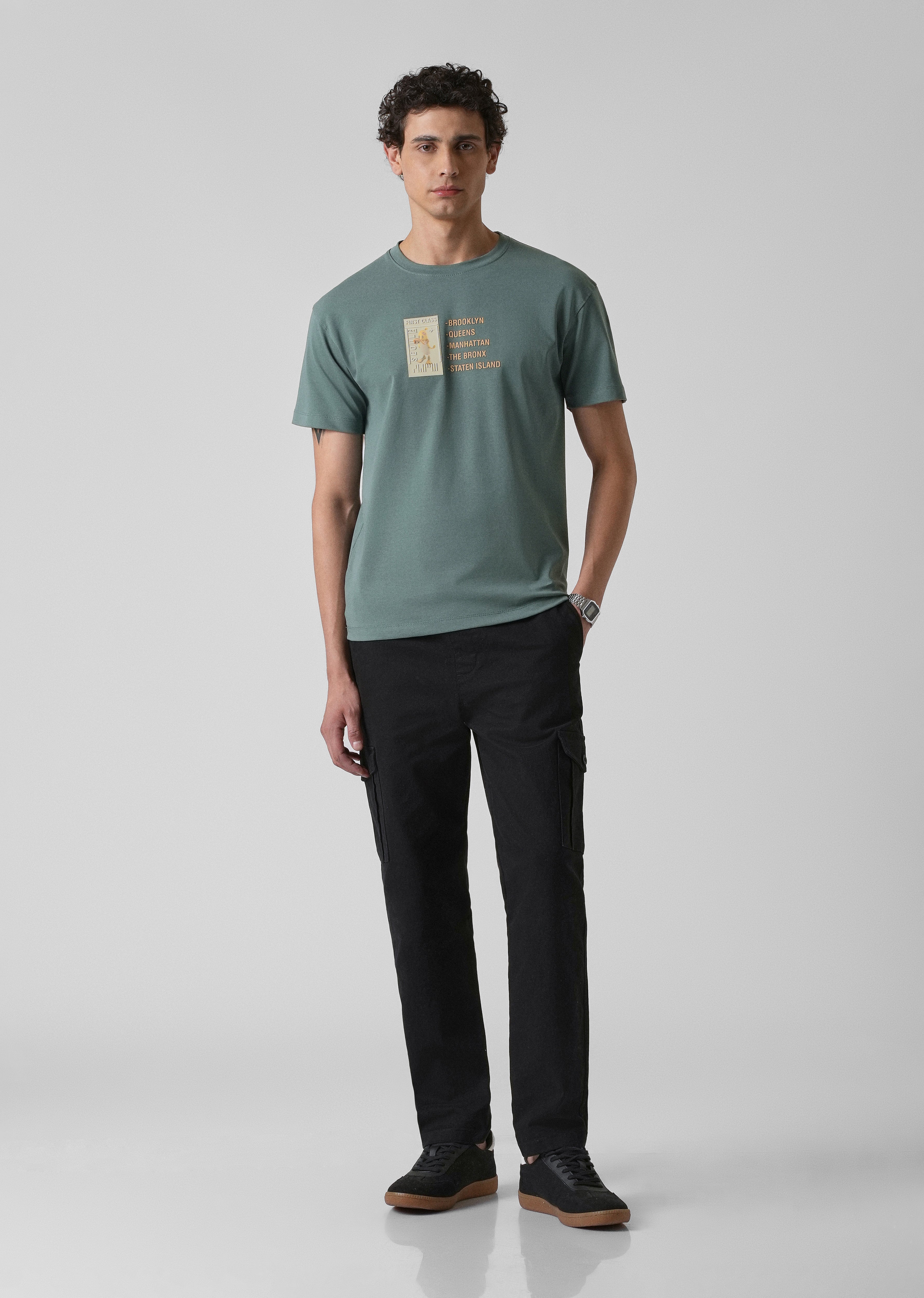 Green Embossed Printed Slim Fit T-shirt