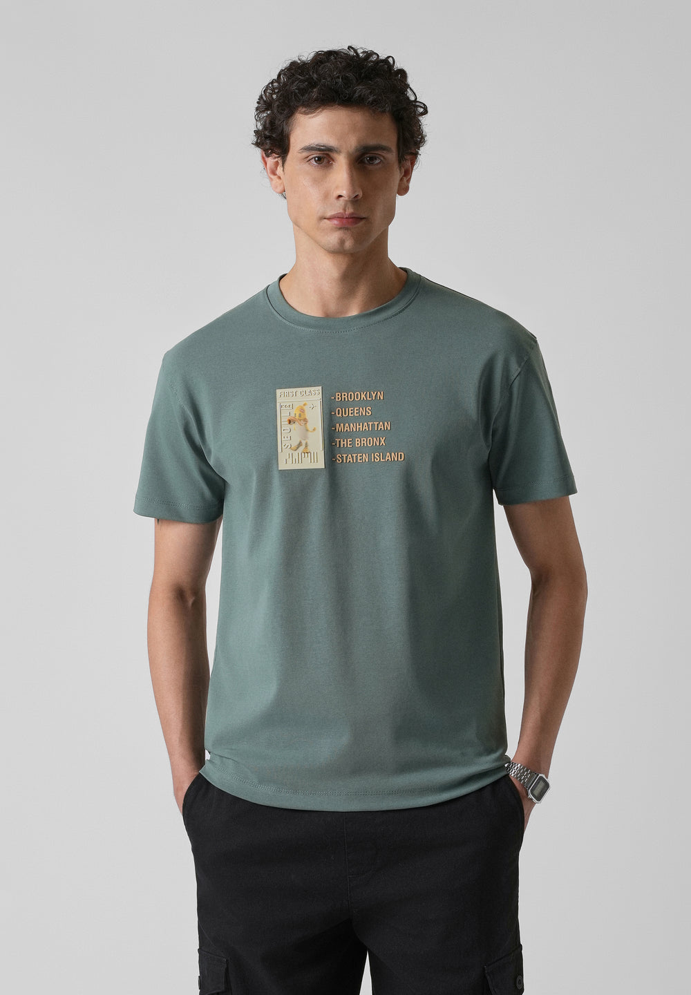 Green Embossed Printed Slim Fit T-shirt