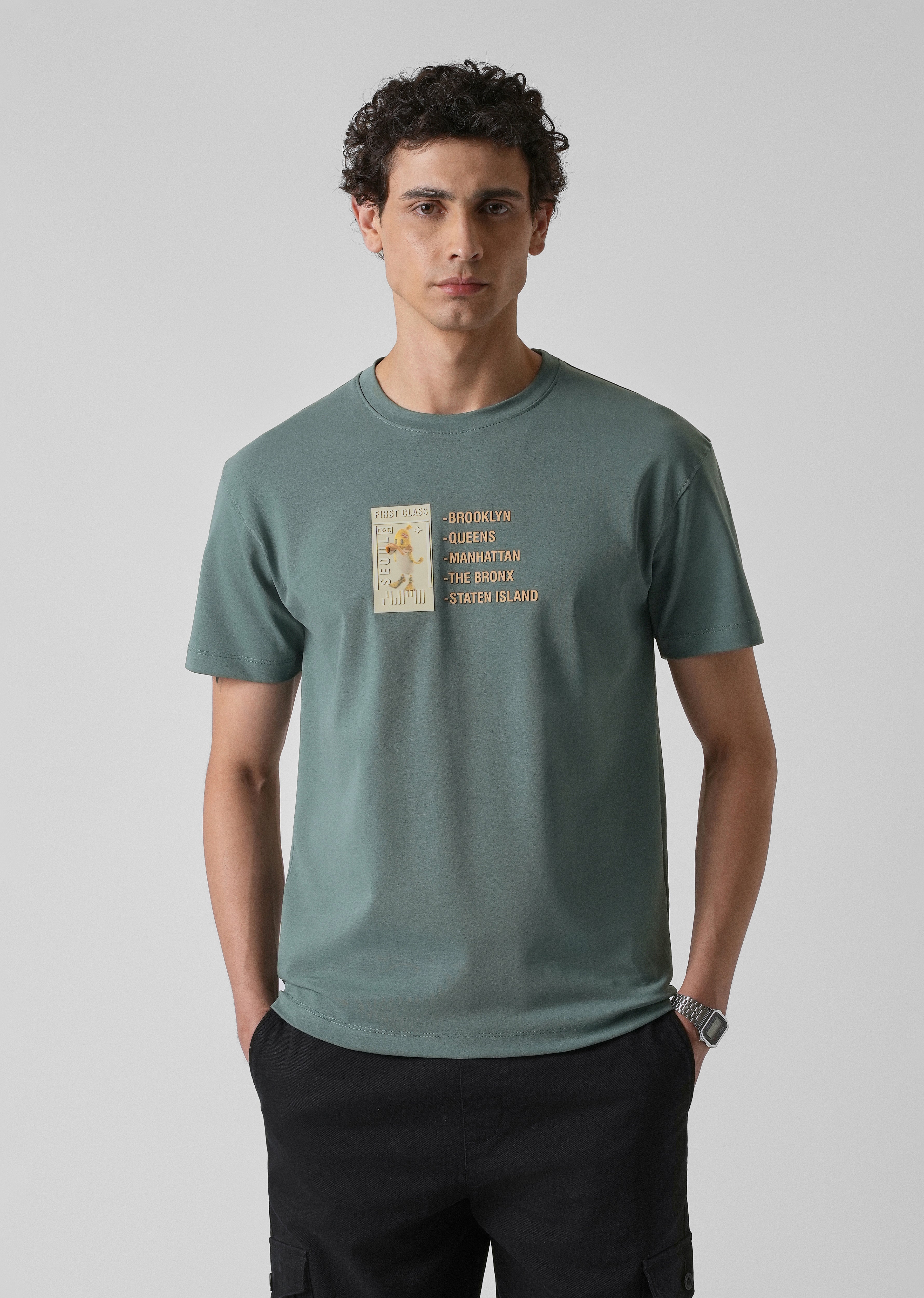 Green Embossed Printed Slim Fit T-shirt