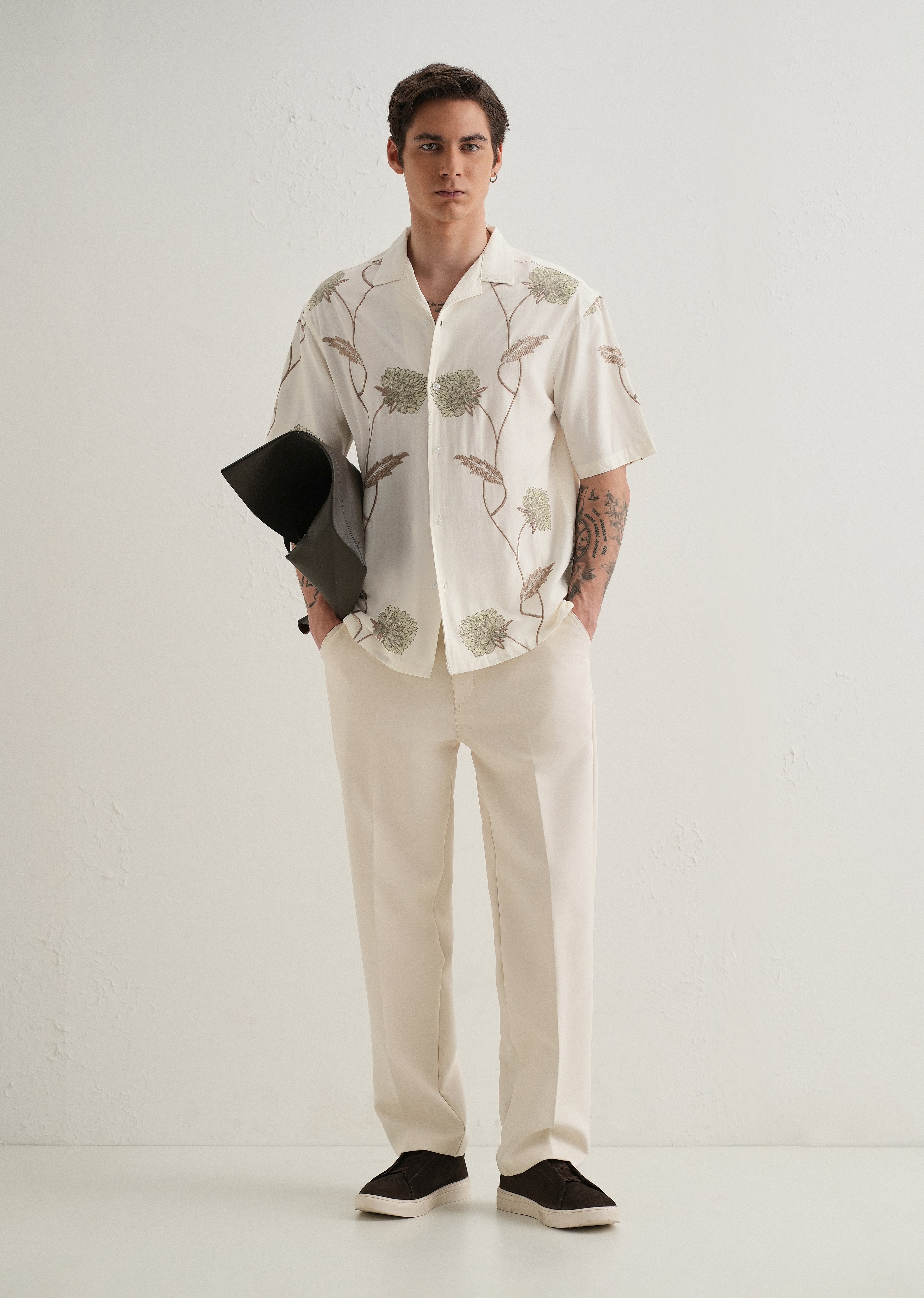 Green Floral Front Embroidery Shirt