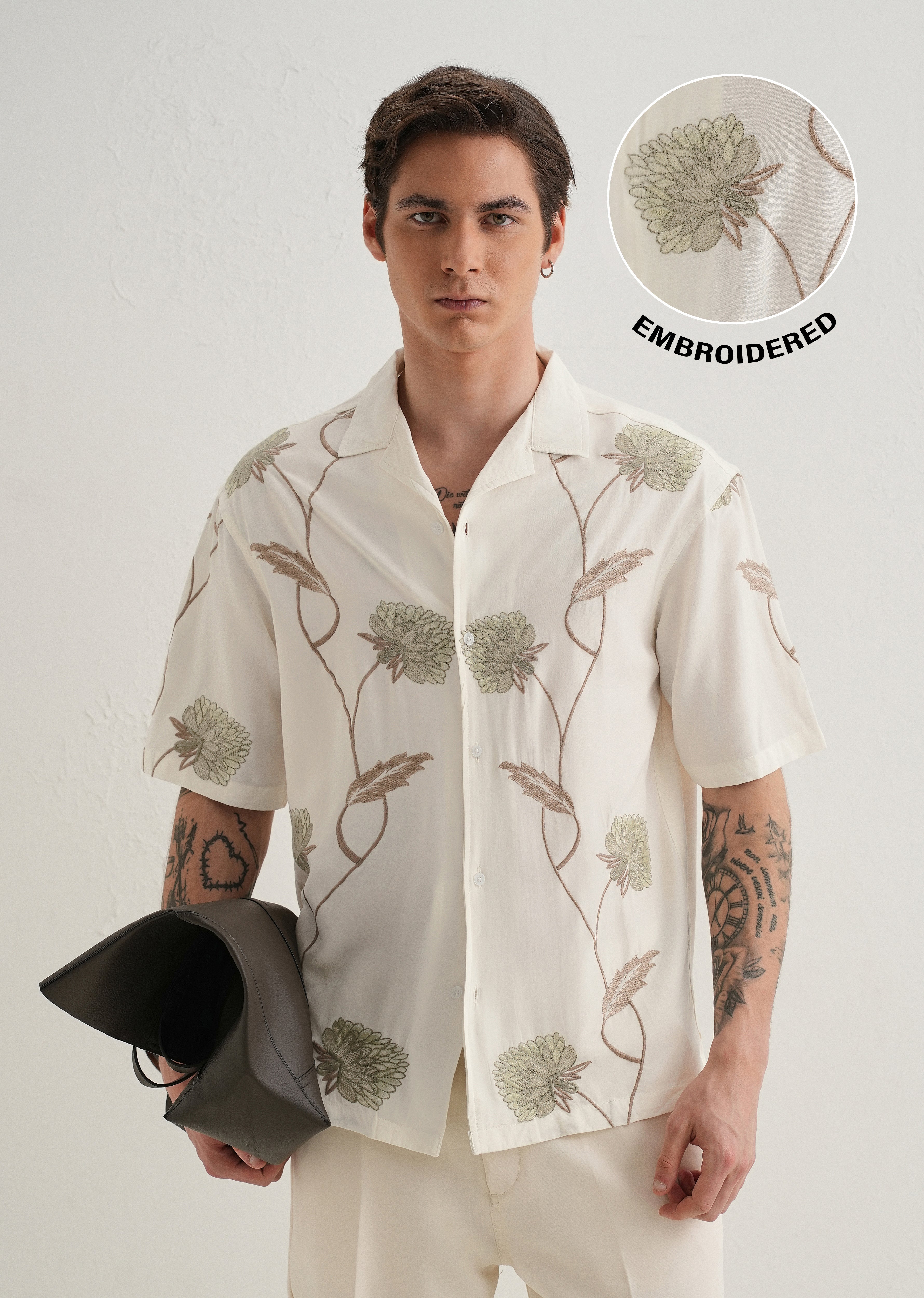Green Floral Front Embroidery Shirt