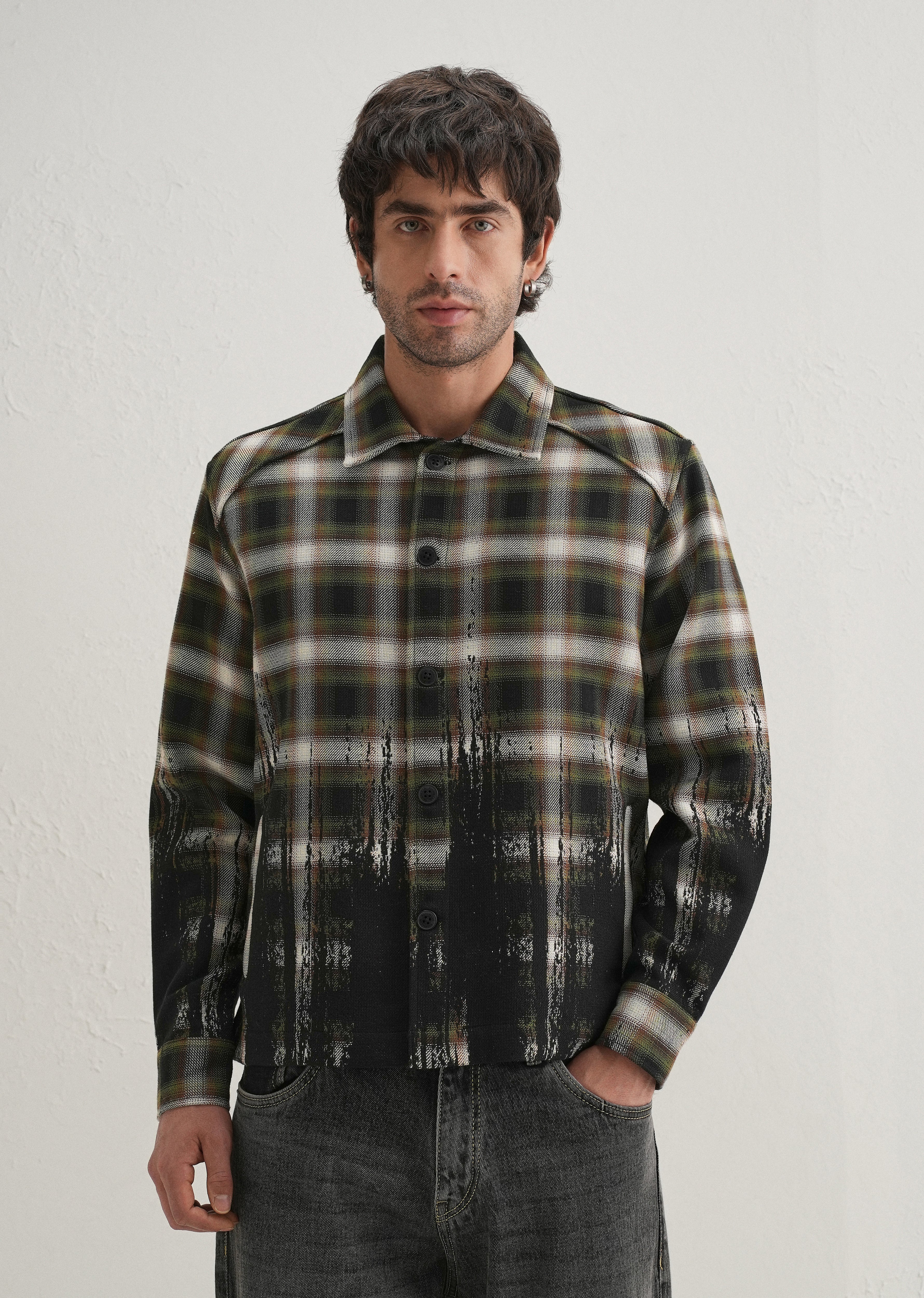 Green Gradient Grunge Check Shacket