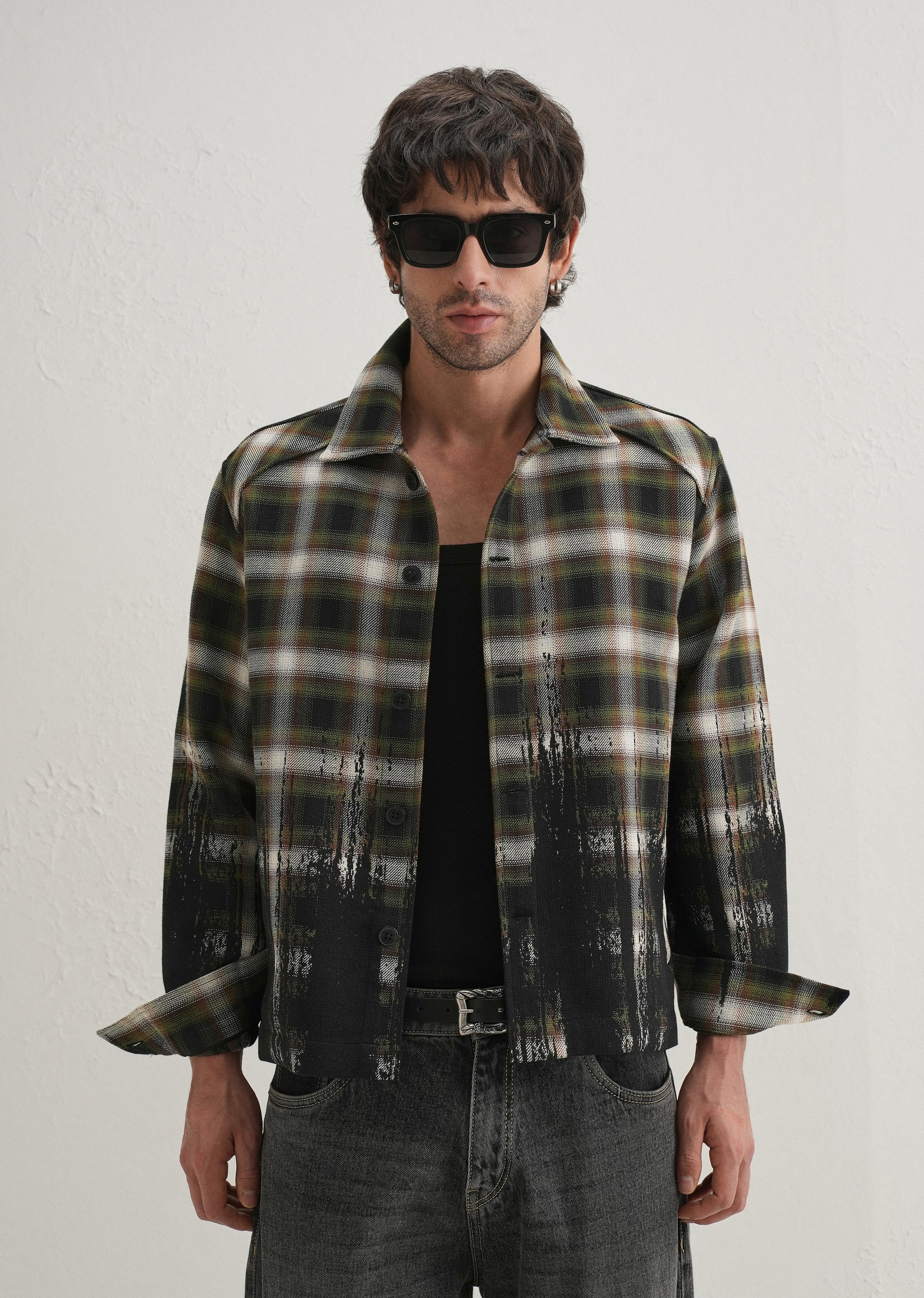 Green Gradient Grunge Check Shacket