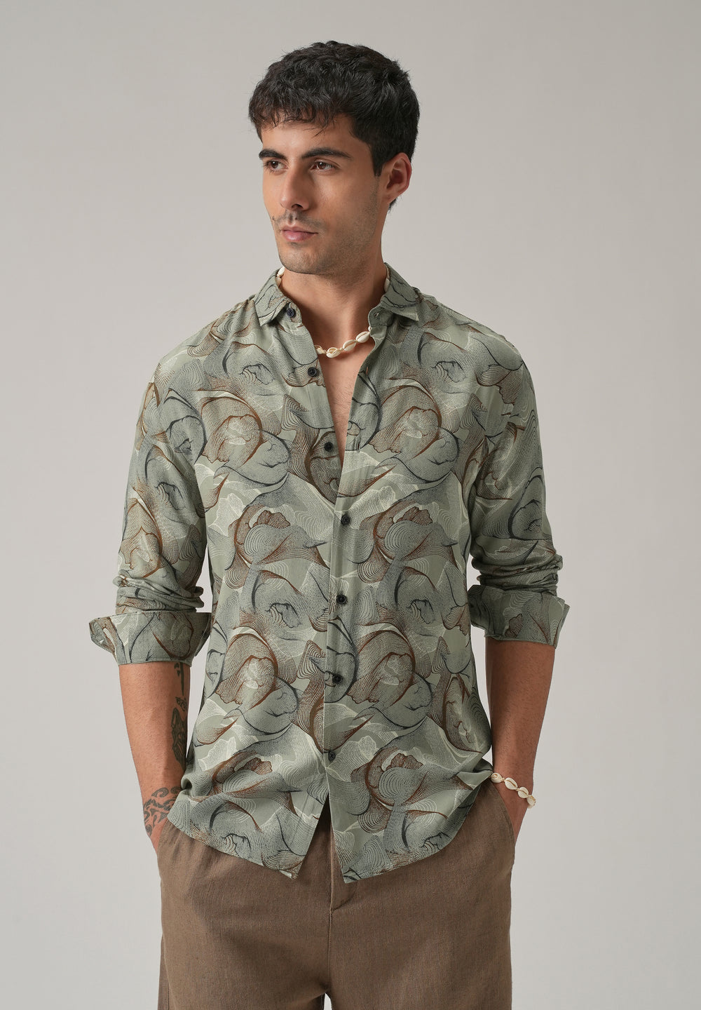 Green Grey Lines Print Feather Shirt