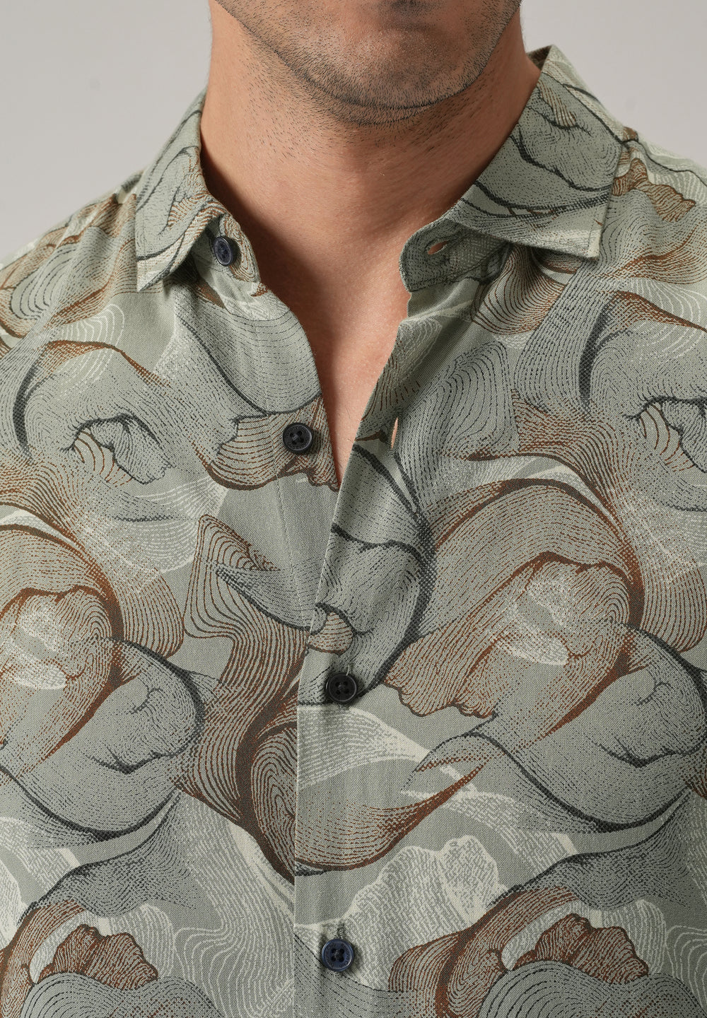 Green Grey Lines Print Feather Shirt