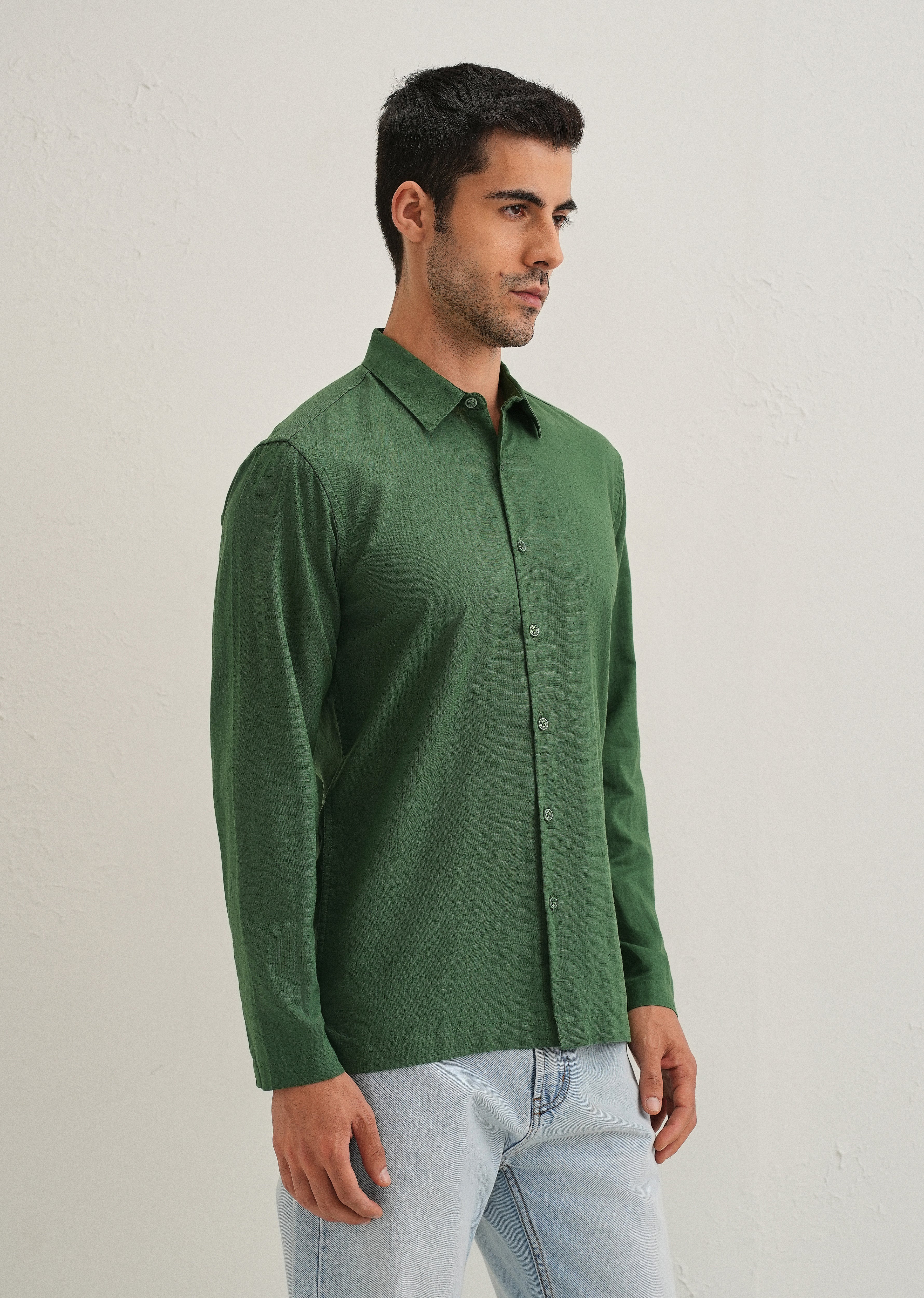 Green Hidden Sleeve Placket Cotton Linen Shirt