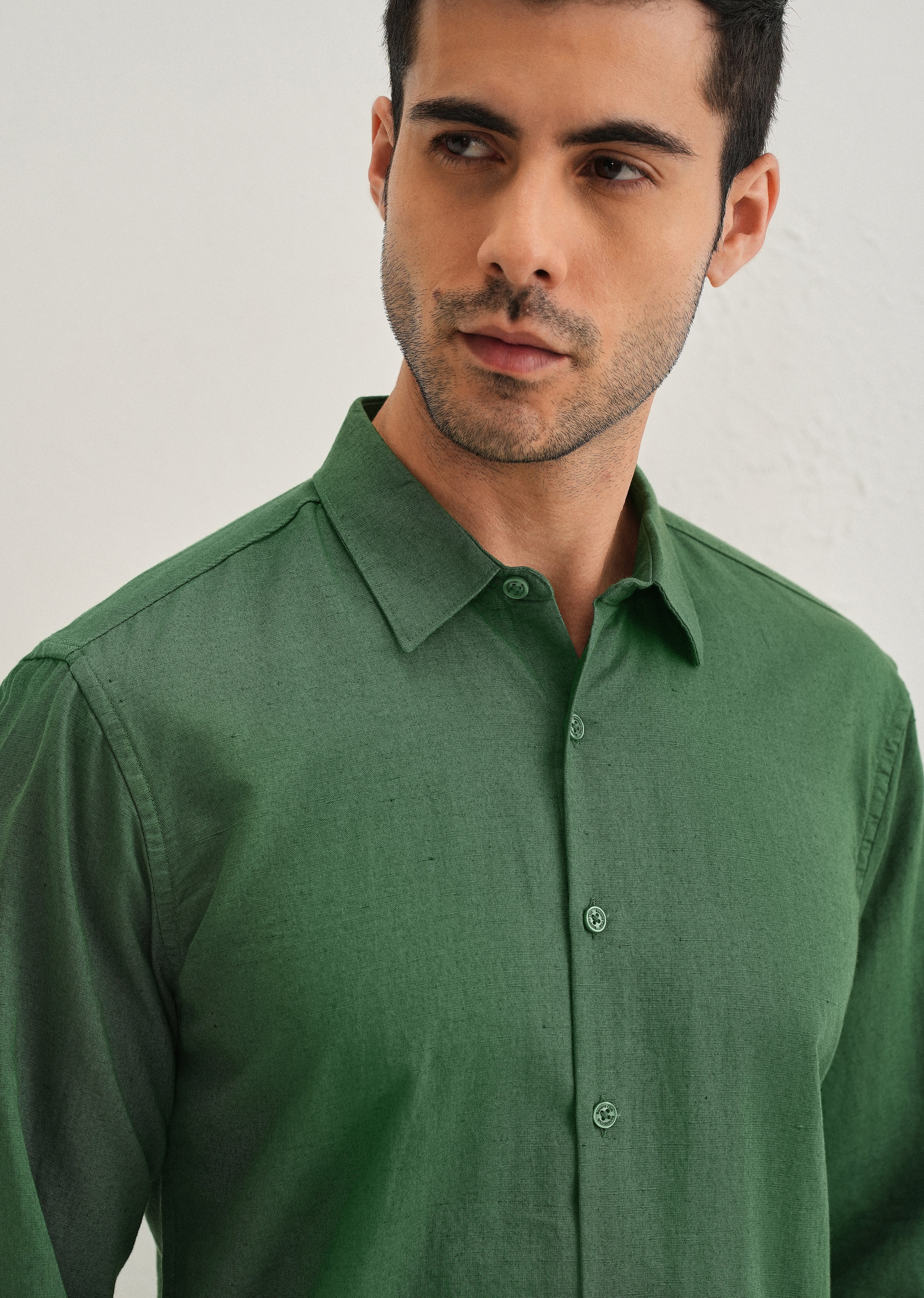 Green Hidden Sleeve Placket Cotton Linen Shirt