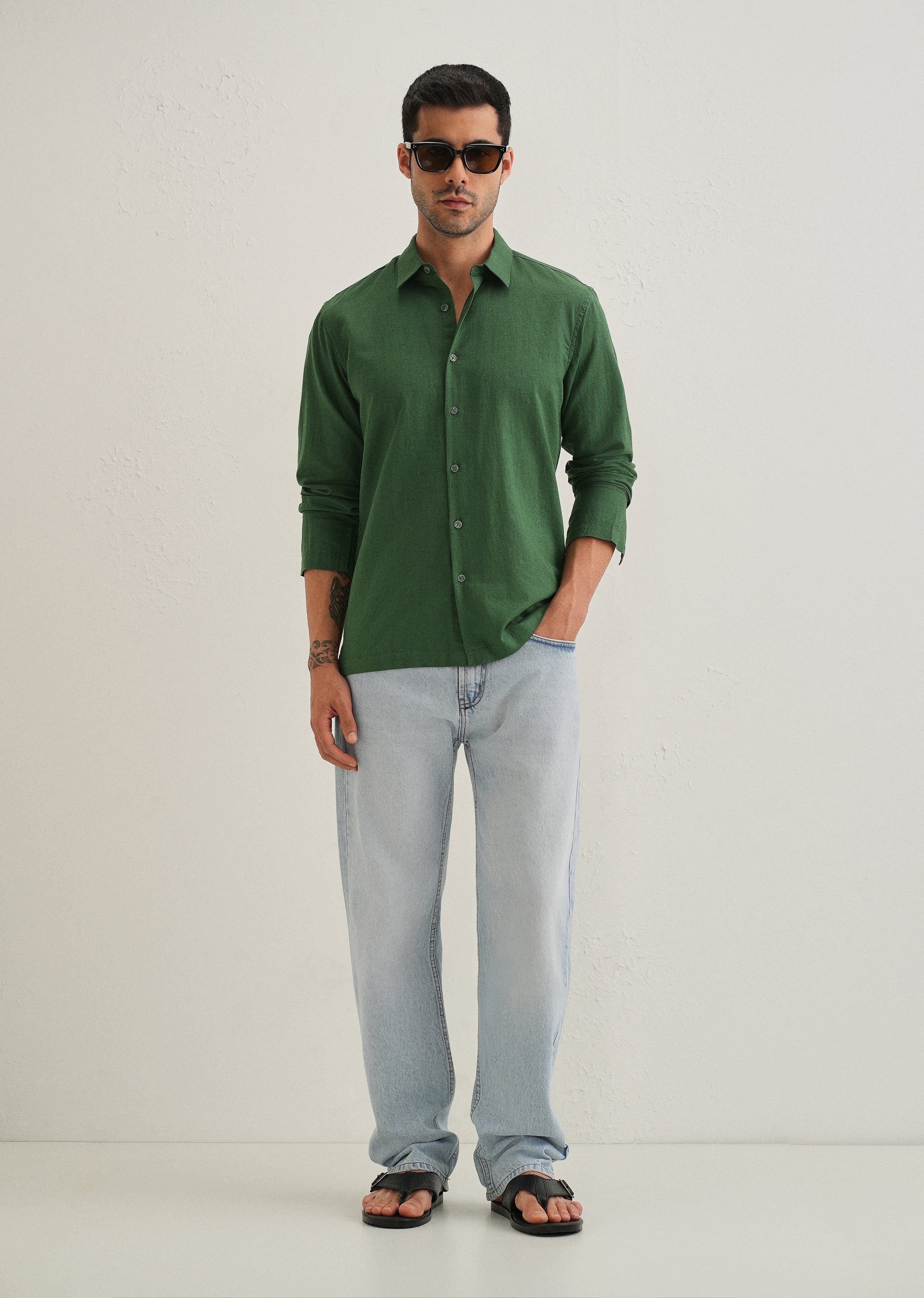 Green Hidden Sleeve Placket Cotton Linen Shirt