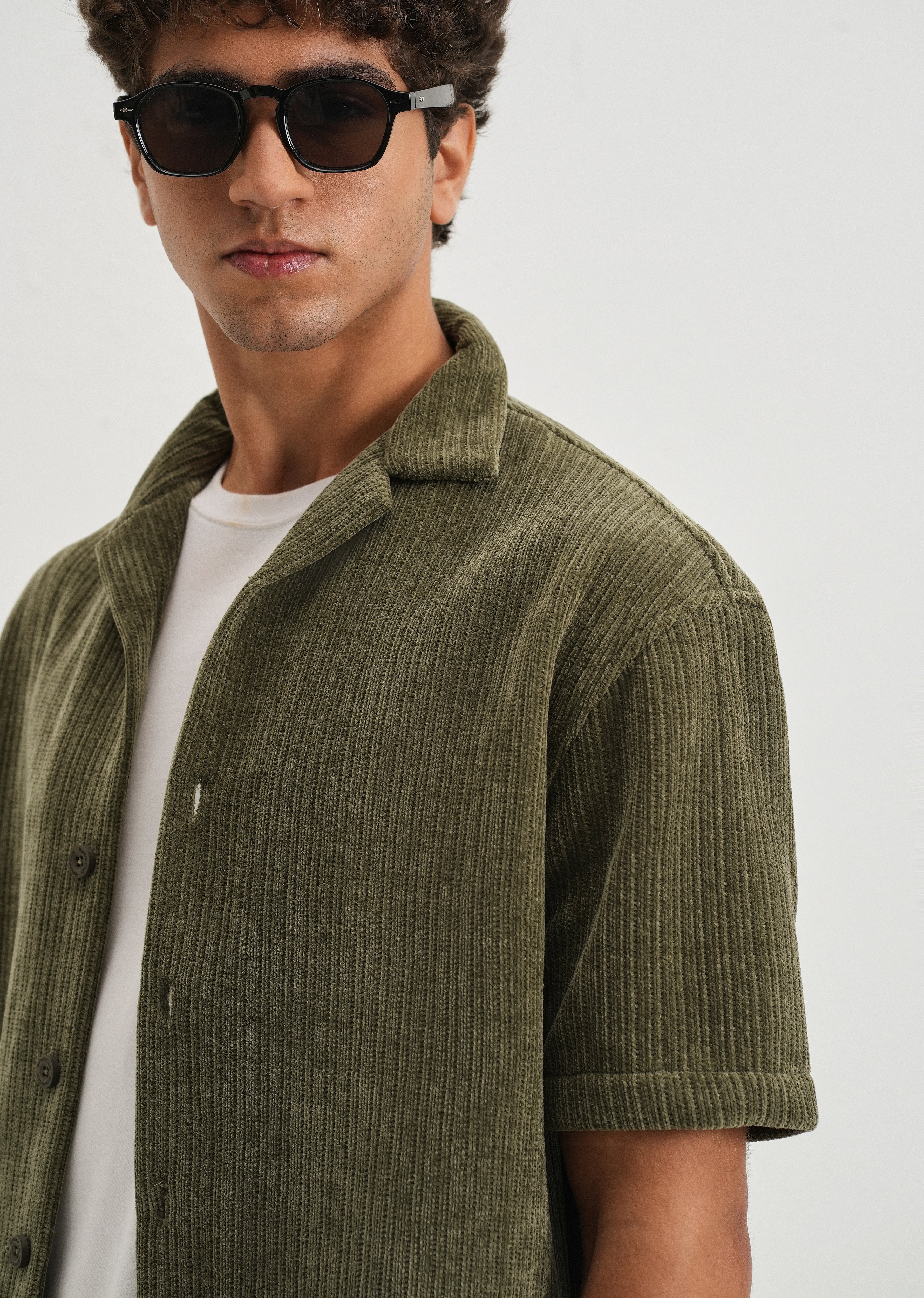 Green Suede Knit Cuban Collar Shirt