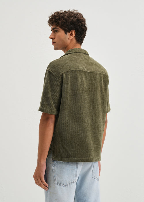 Green Suede Knit Cuban Collar Shirt