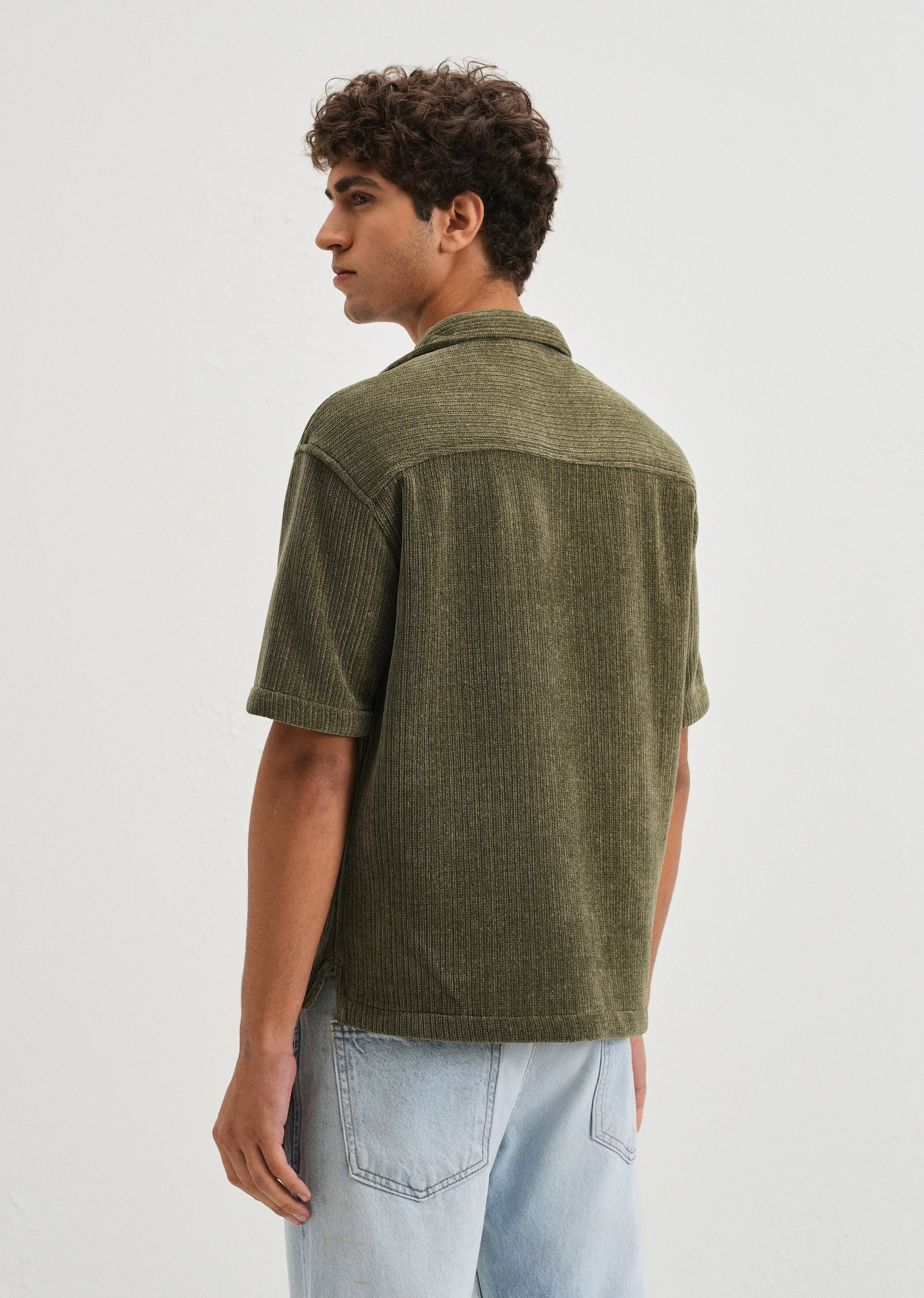 Green Suede Knit Cuban Collar Shirt