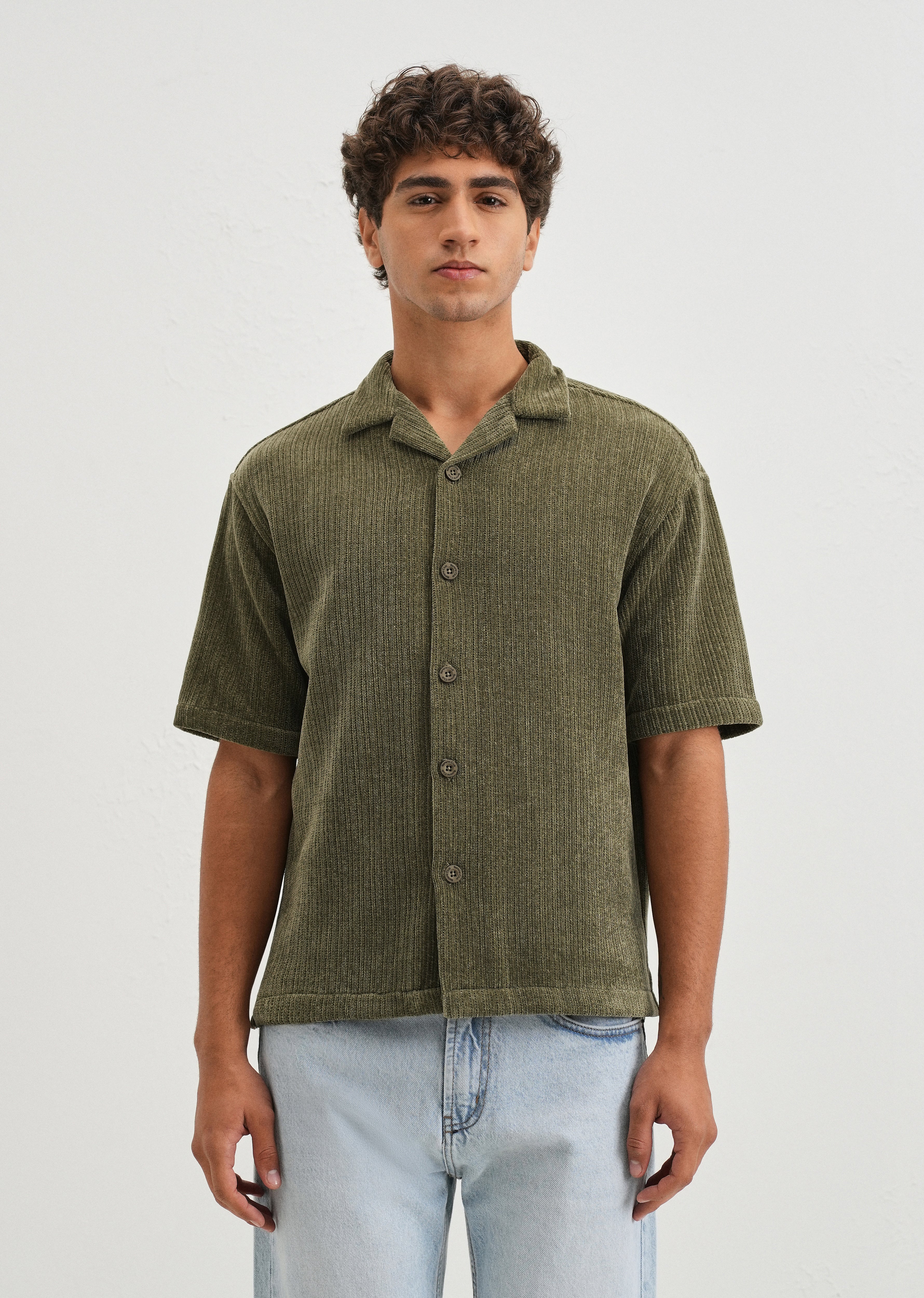 Green Suede Knit Cuban Collar Shirt