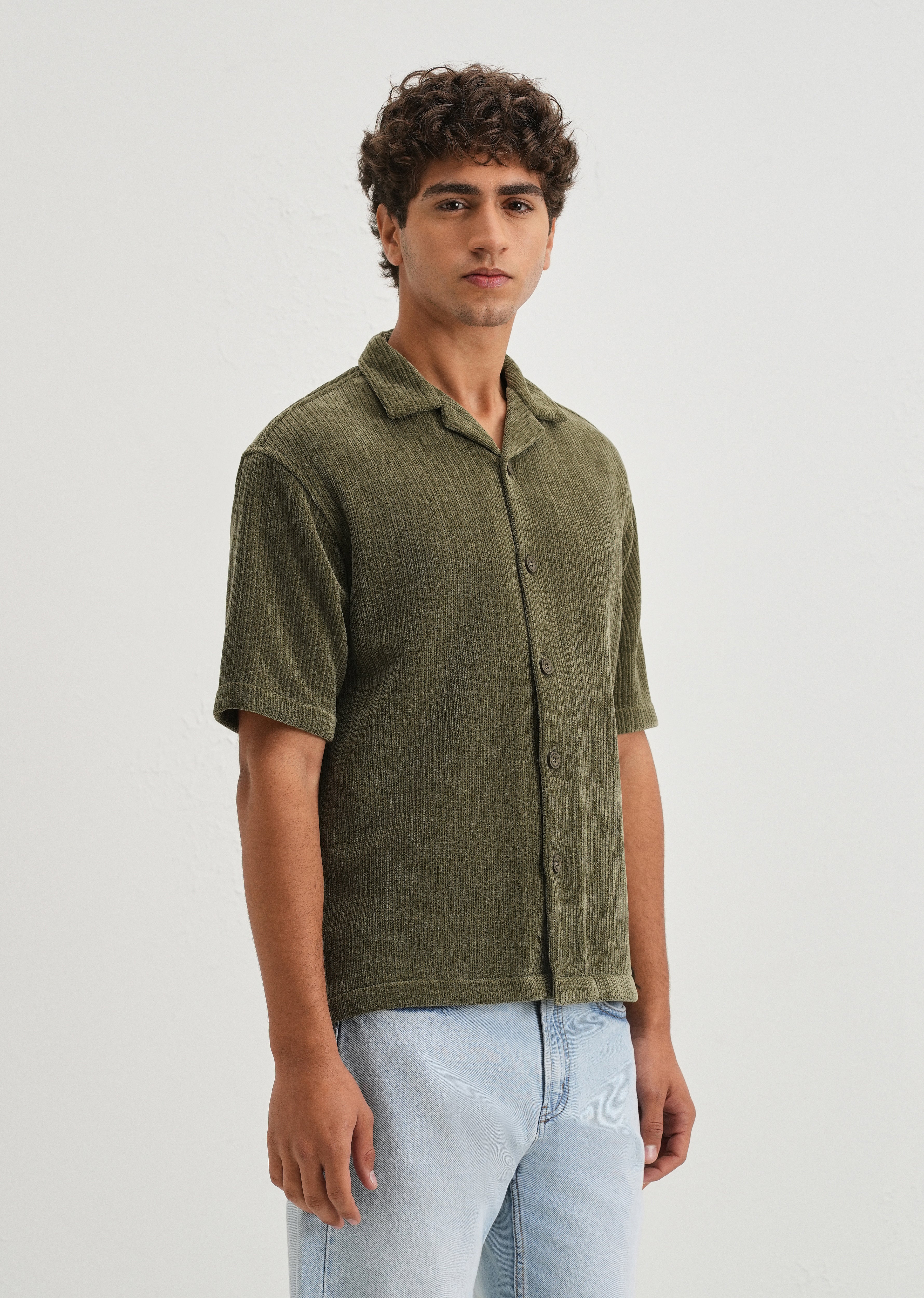 Green Suede Knit Cuban Collar Shirt