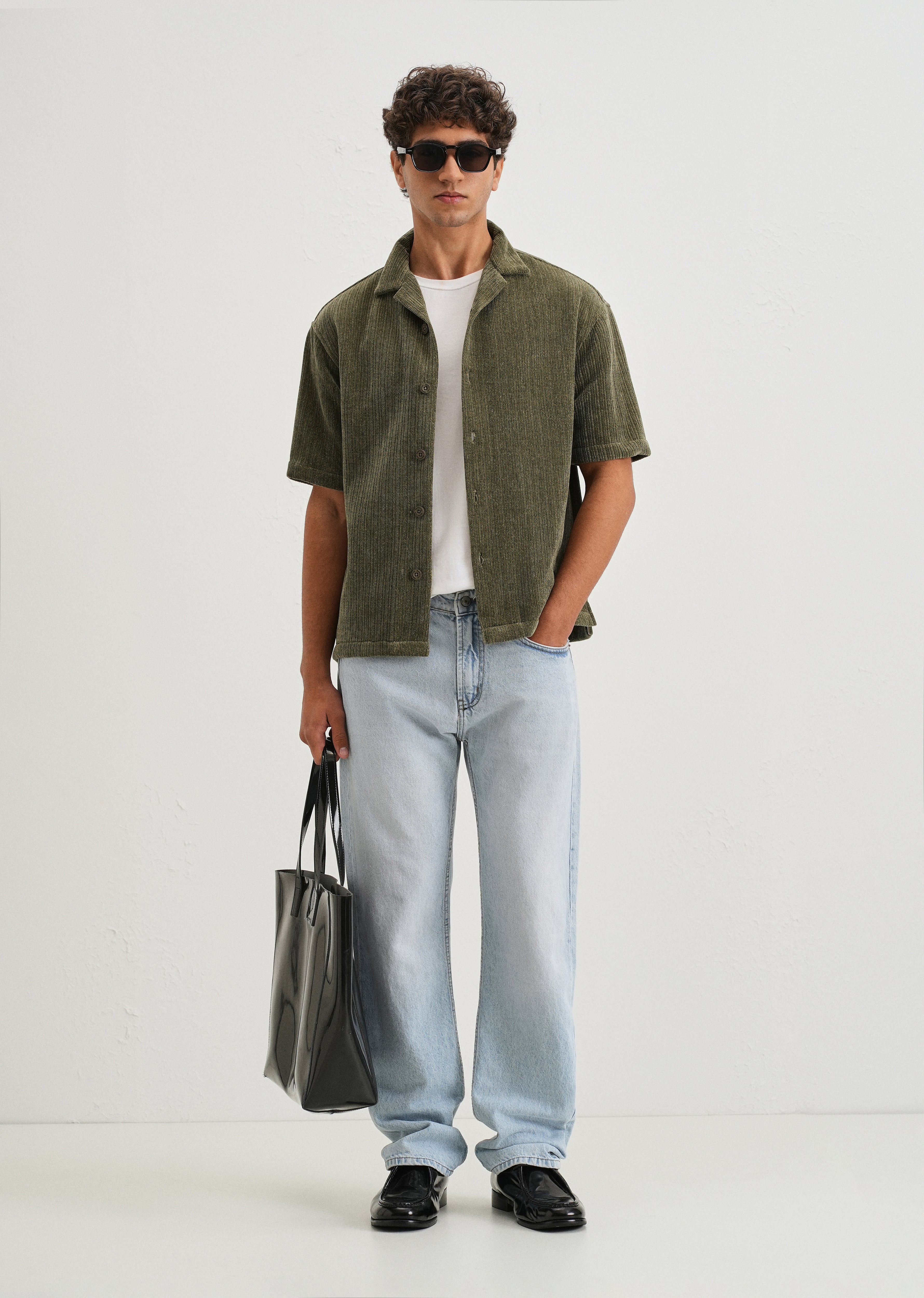 Green Suede Knit Cuban Collar Shirt