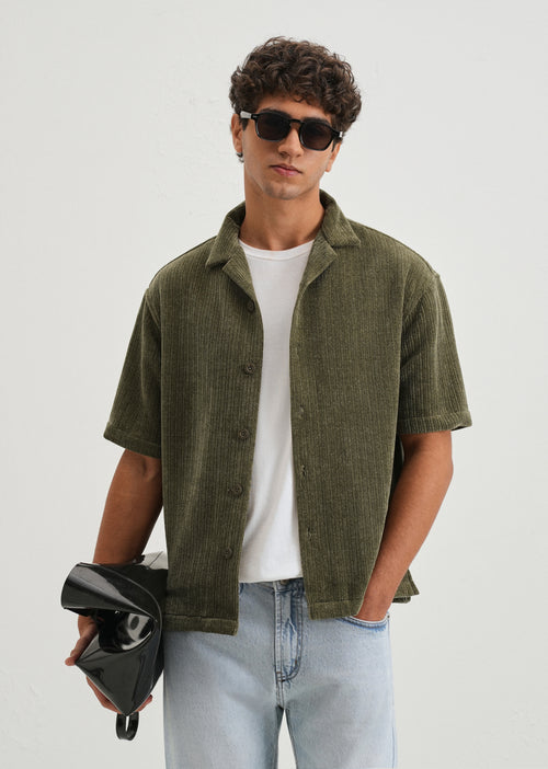 Green Suede Knit Cuban Collar Shirt