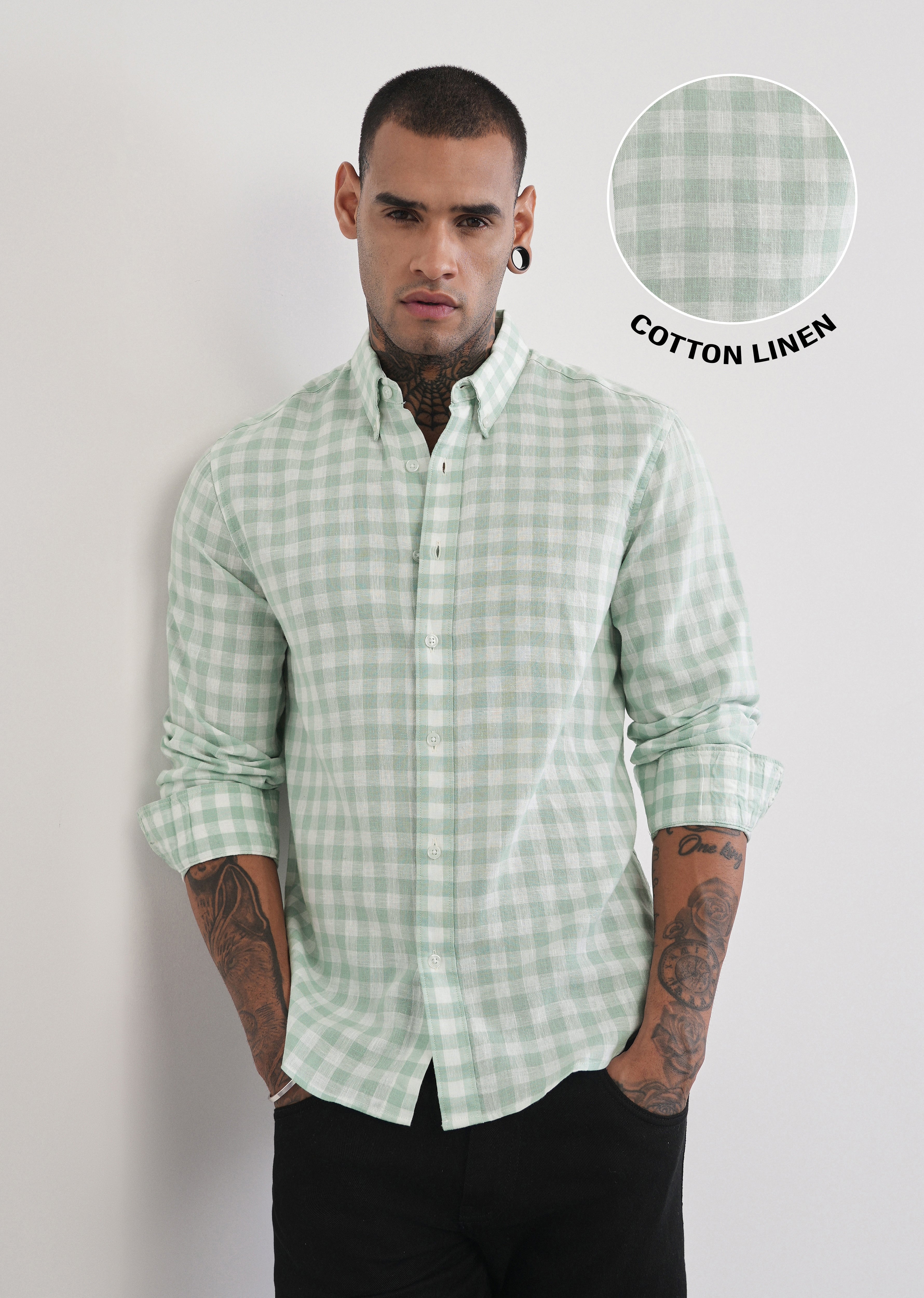 Green Lyocell Linen Blend Check Shirt