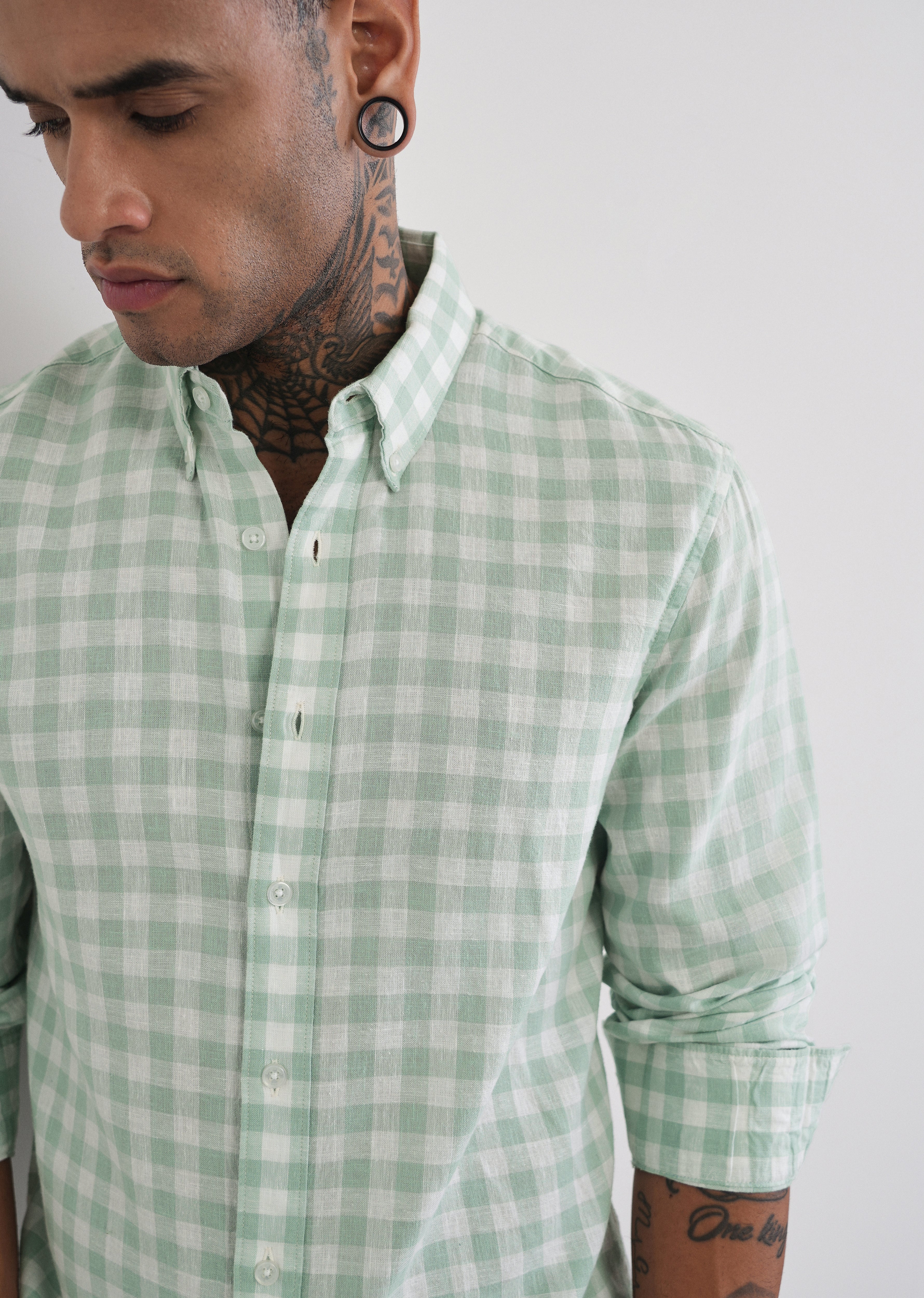 Green Lyocell Linen Blend Check Shirt