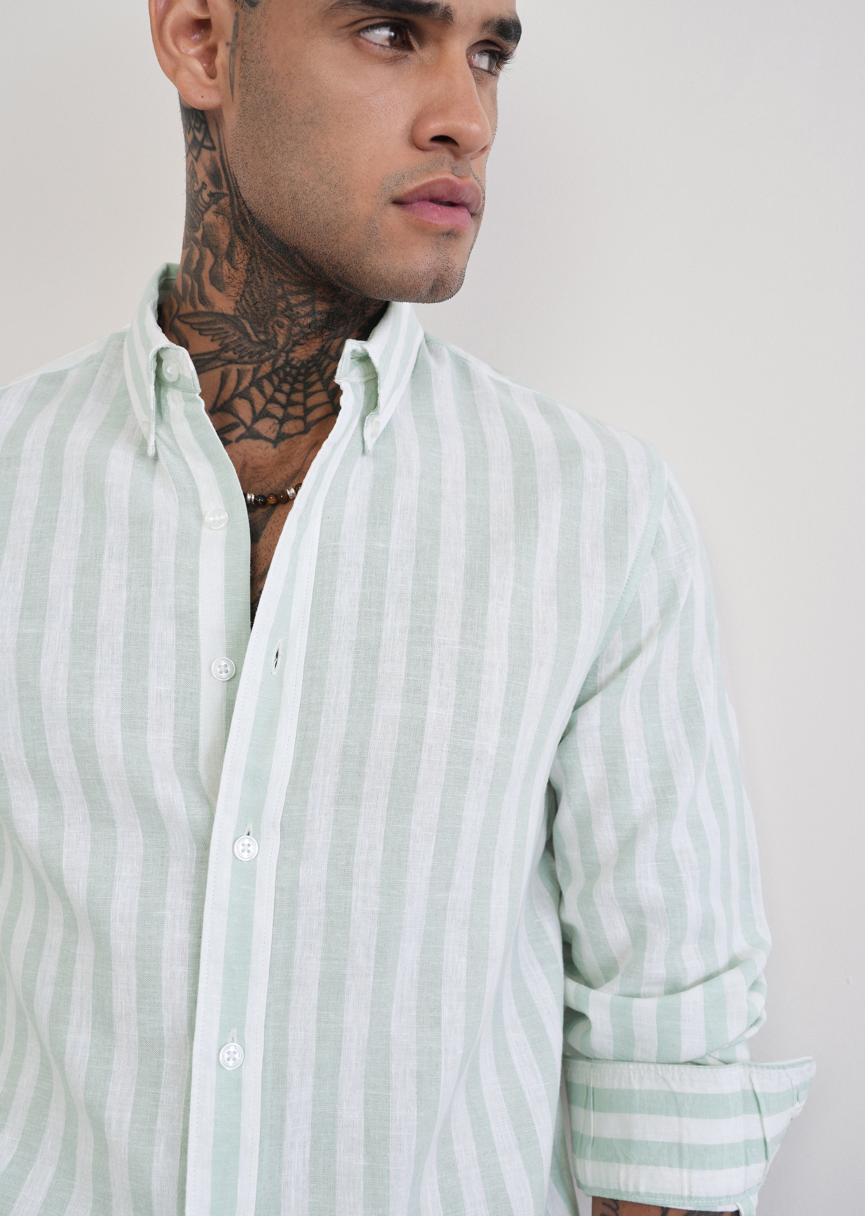 Green Lyocell Linen Blend Stripe Shirt
