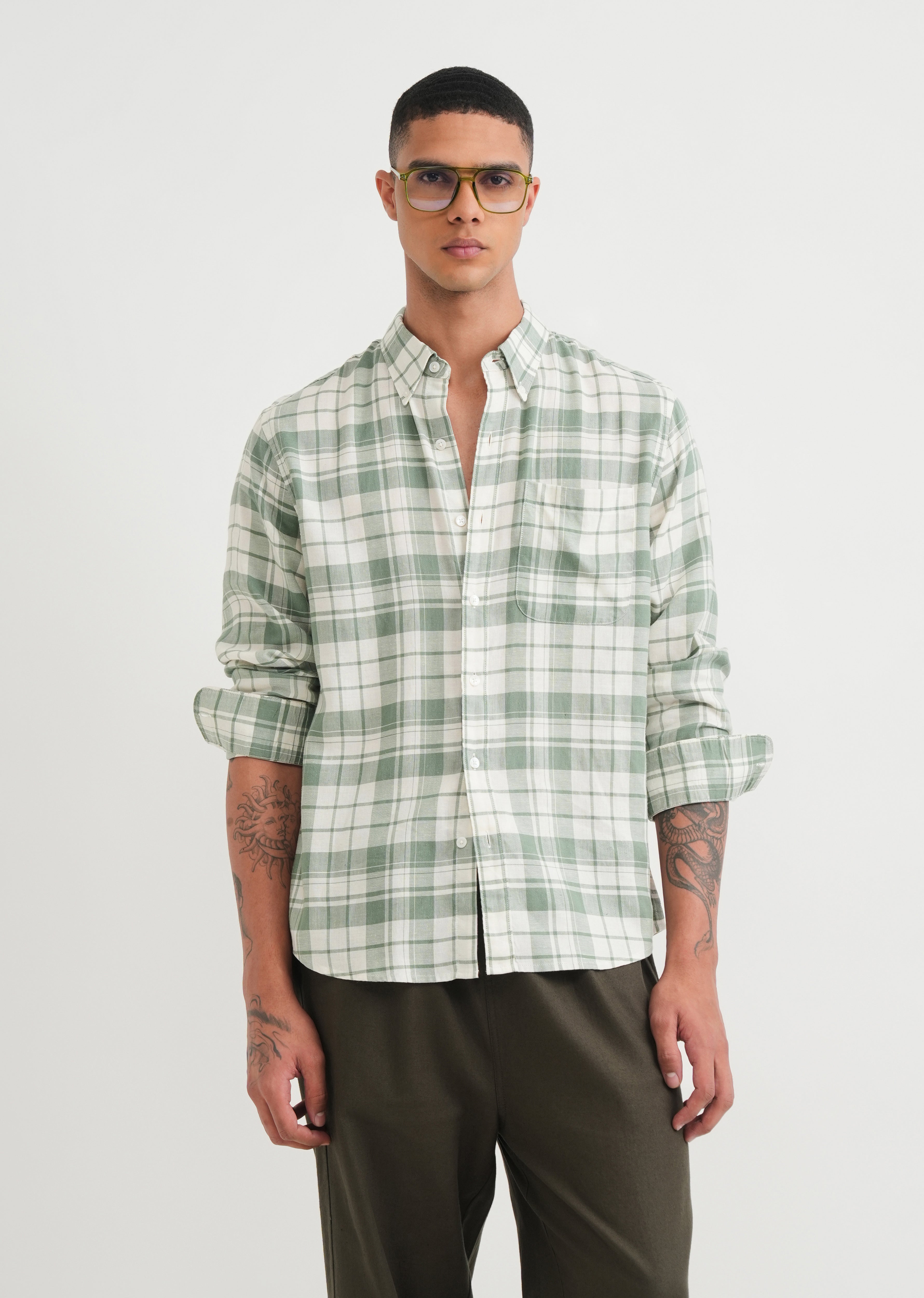Green Lyocell Linen Check Shirt