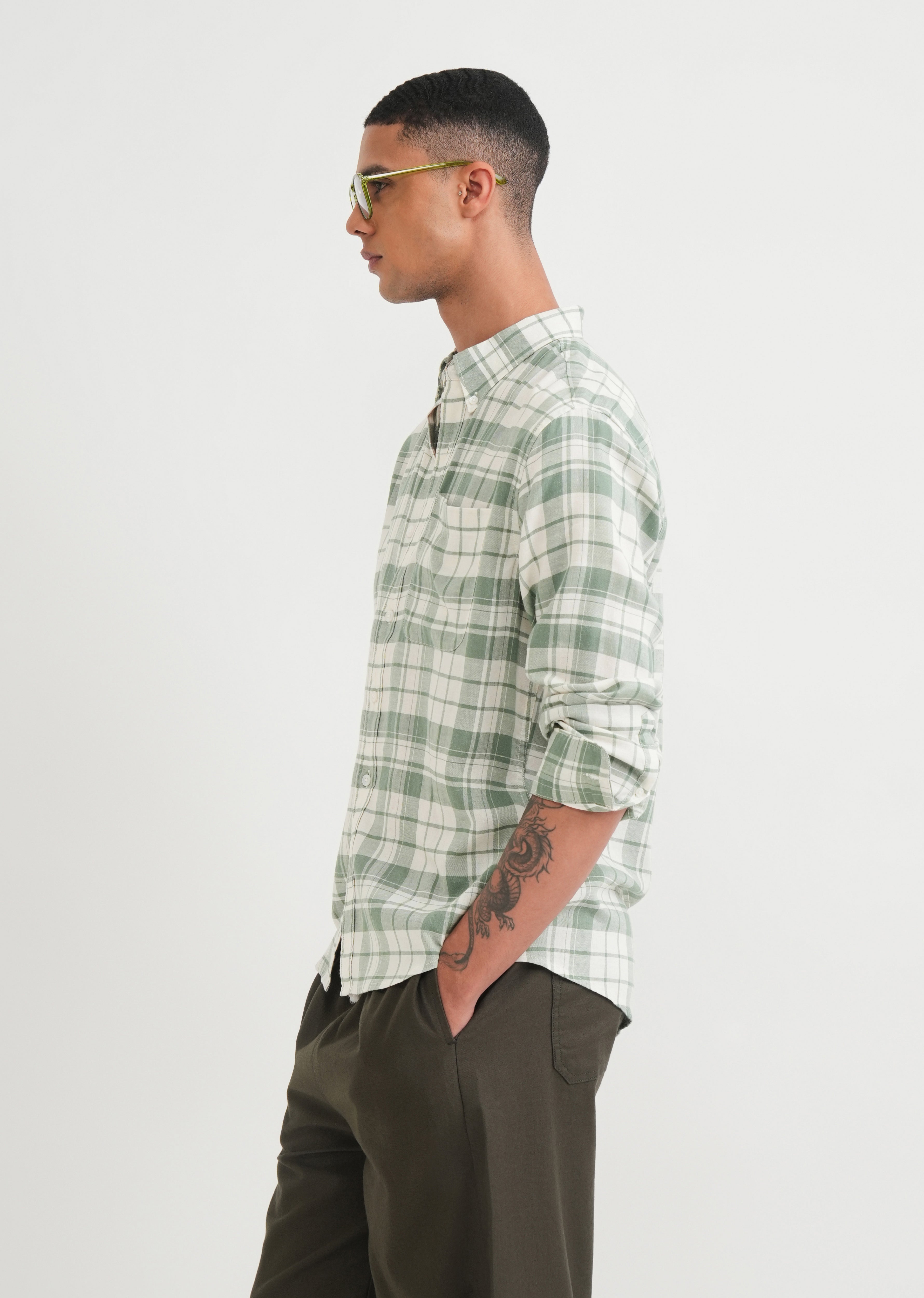 Green Lyocell Linen Check Shirt