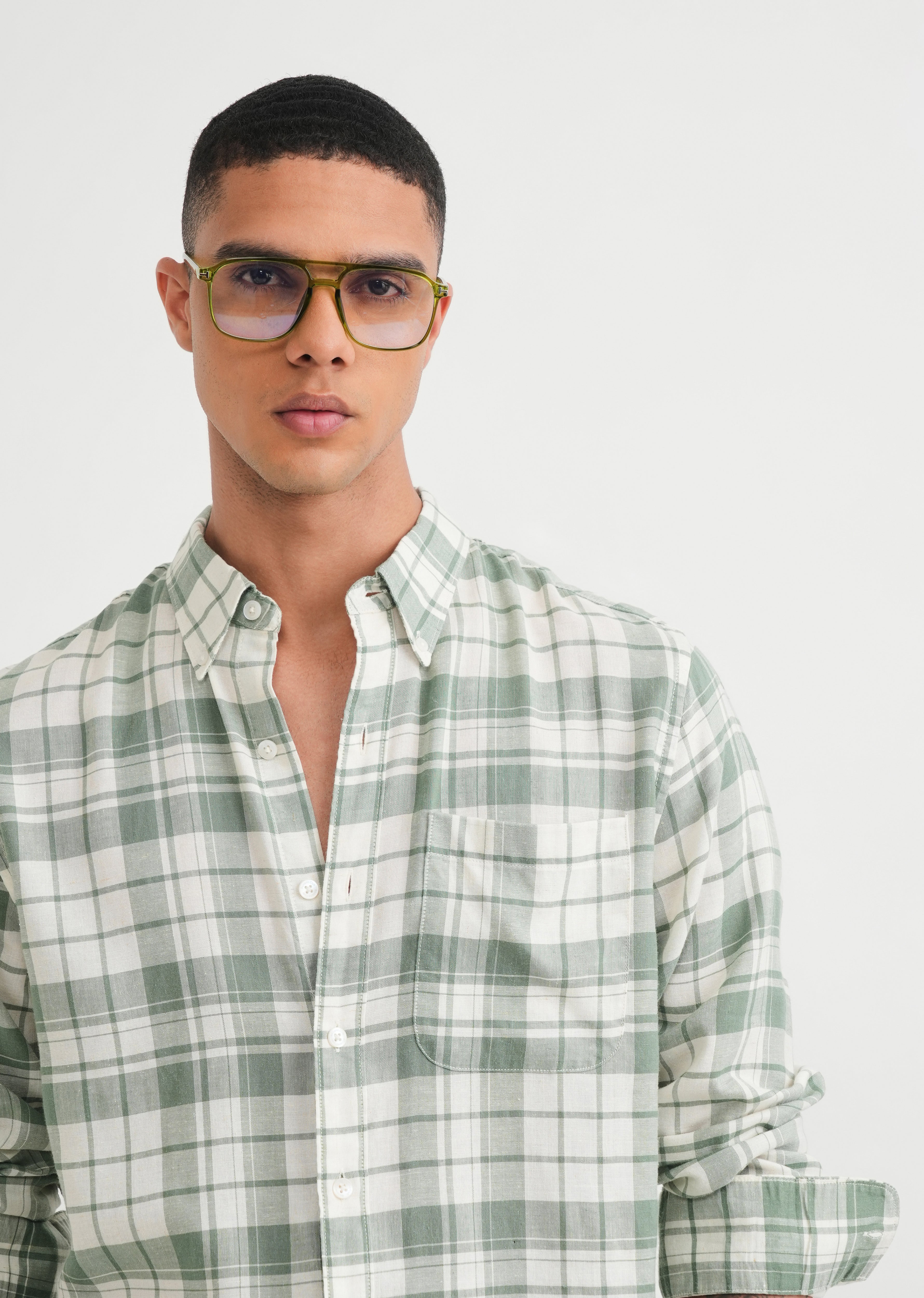 Green Lyocell Linen Check Shirt